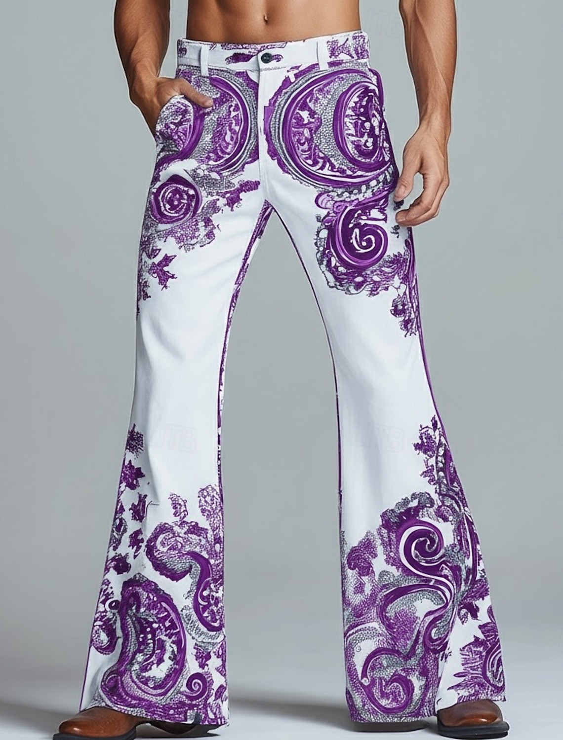 Men's Paisley Floral Print Ethnic Trousers Disco Pants 60s 70s Bell