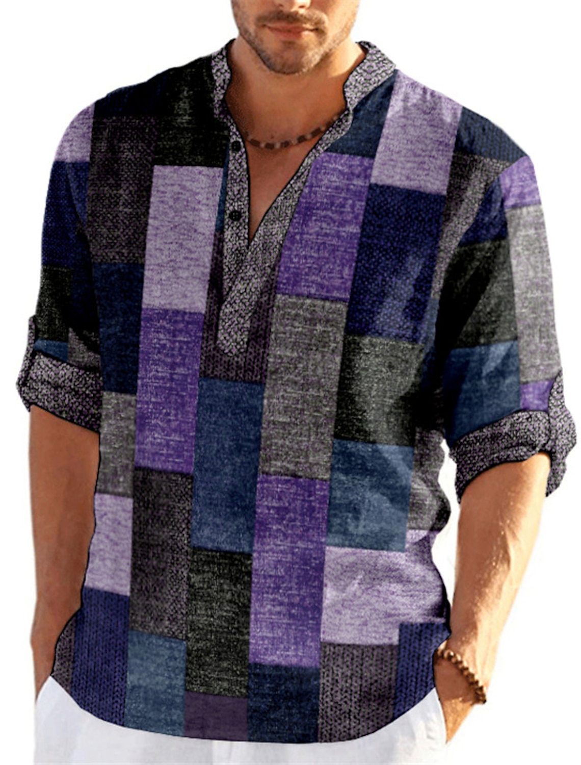 Men's Plaid / Check Patchwork Geometric Pattern Shirt Button Up Shirt Long Sleeve Fashion Streetwear Designer Casual Going out Summer Spring Fall Stand Collar Print Blue Khaki Khaki+Khaki Black White
