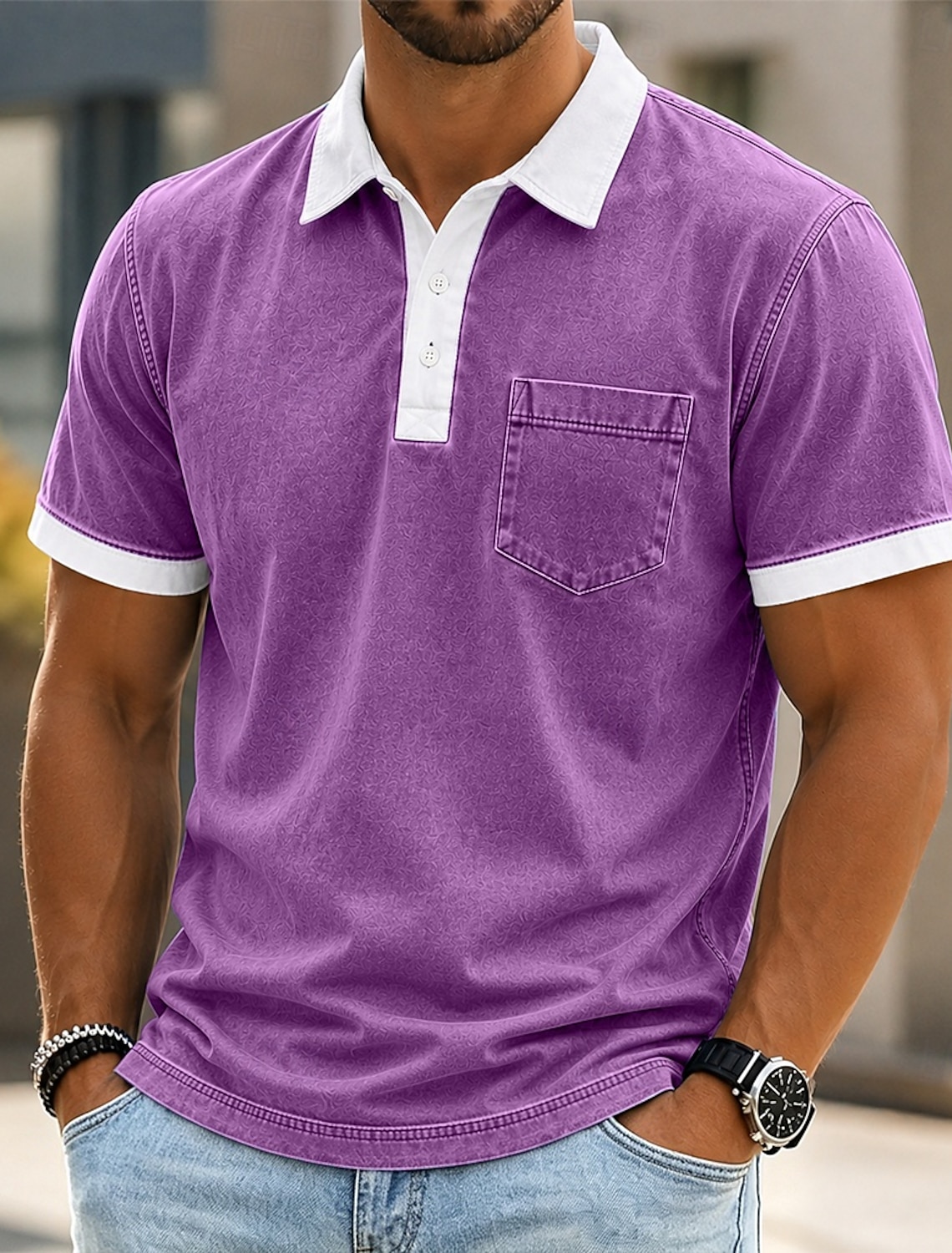 SoftFade™ Men's Polo Shirts 100% Cotton Acid Wash Shirt Casual Vacation Lapel Short Sleeve Fashion Basic Plain Color Block Distressed Spring & Summer Regular Fit Light Green Pink Navy Blue Light