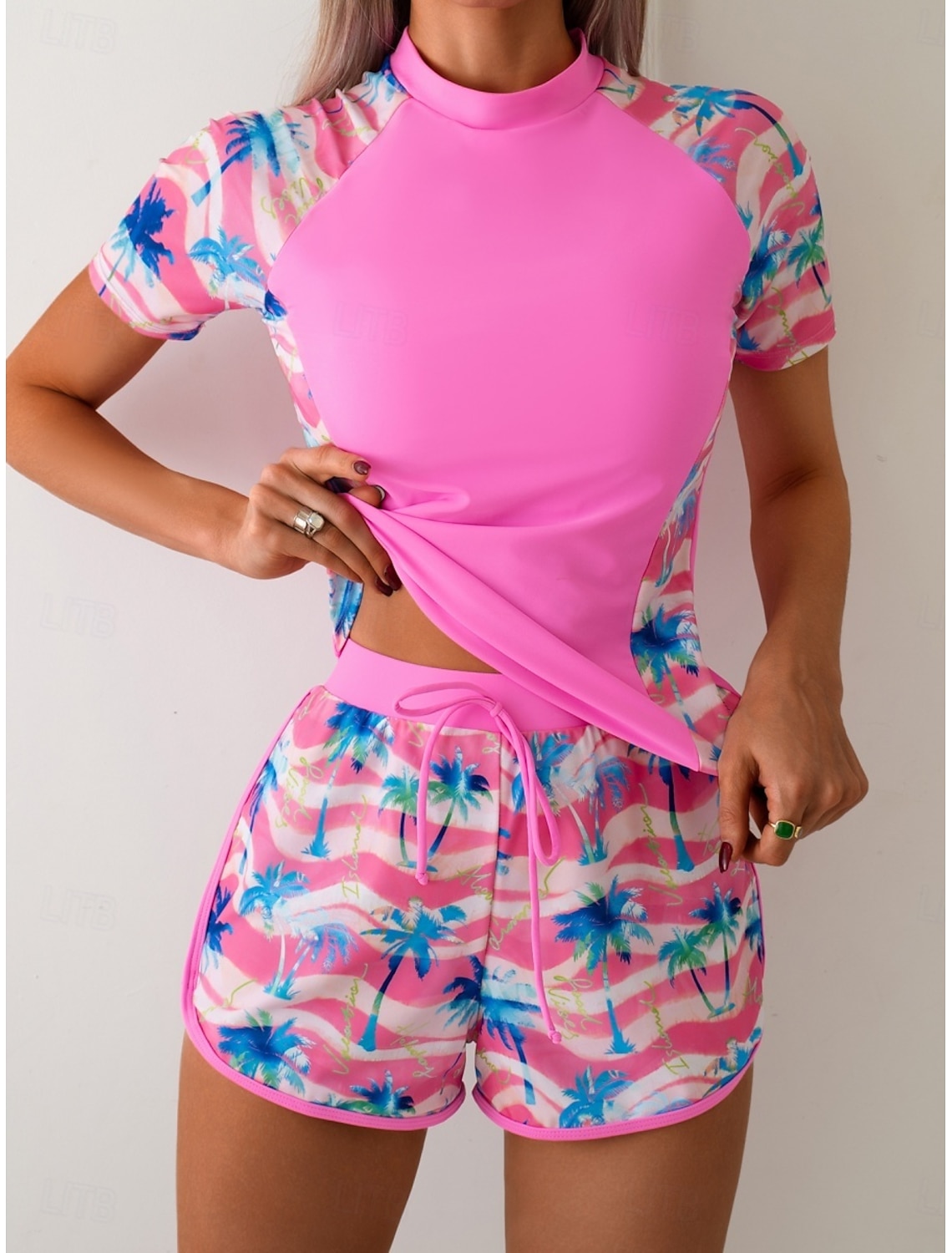 Women's Swimwear Tankini 2 Piece Shorts Swimsuit Tummy Control High Waist Slim Backless Vacation Beach Wear Graphic High Neck Short Sleeves Bathing Suits