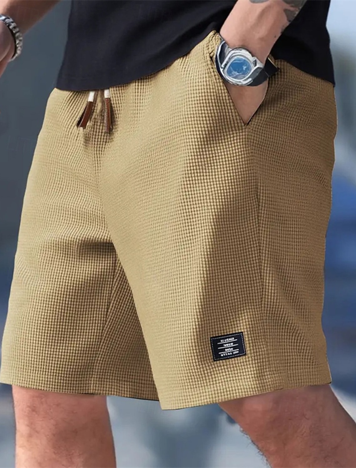 Men's Waffle Shorts Shorts Summer Shorts Casual Shorts Pocket Elastic Waist Drawstring Plain Comfort Breathable Knee Length Outdoor Vacation Sport Casual Black White Micro-elastic