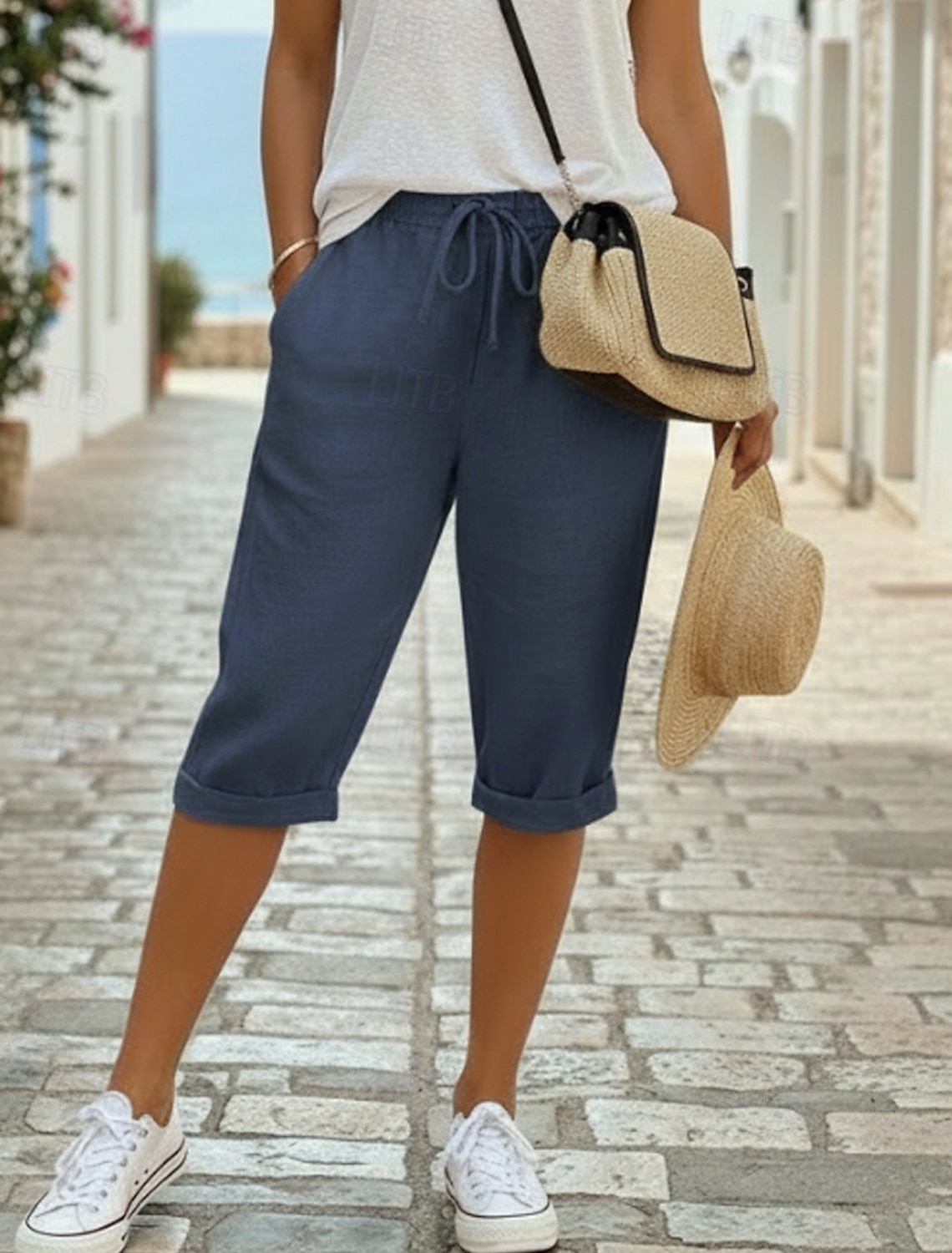 Women's Linen Shorts Capri Pants Chinos Summer Shorts Vacation Streetwear Casual Knee Length Medium Waist Plain Drawstring Pocket Comfortable Breathable Inelastic Daily Outdoor Street
