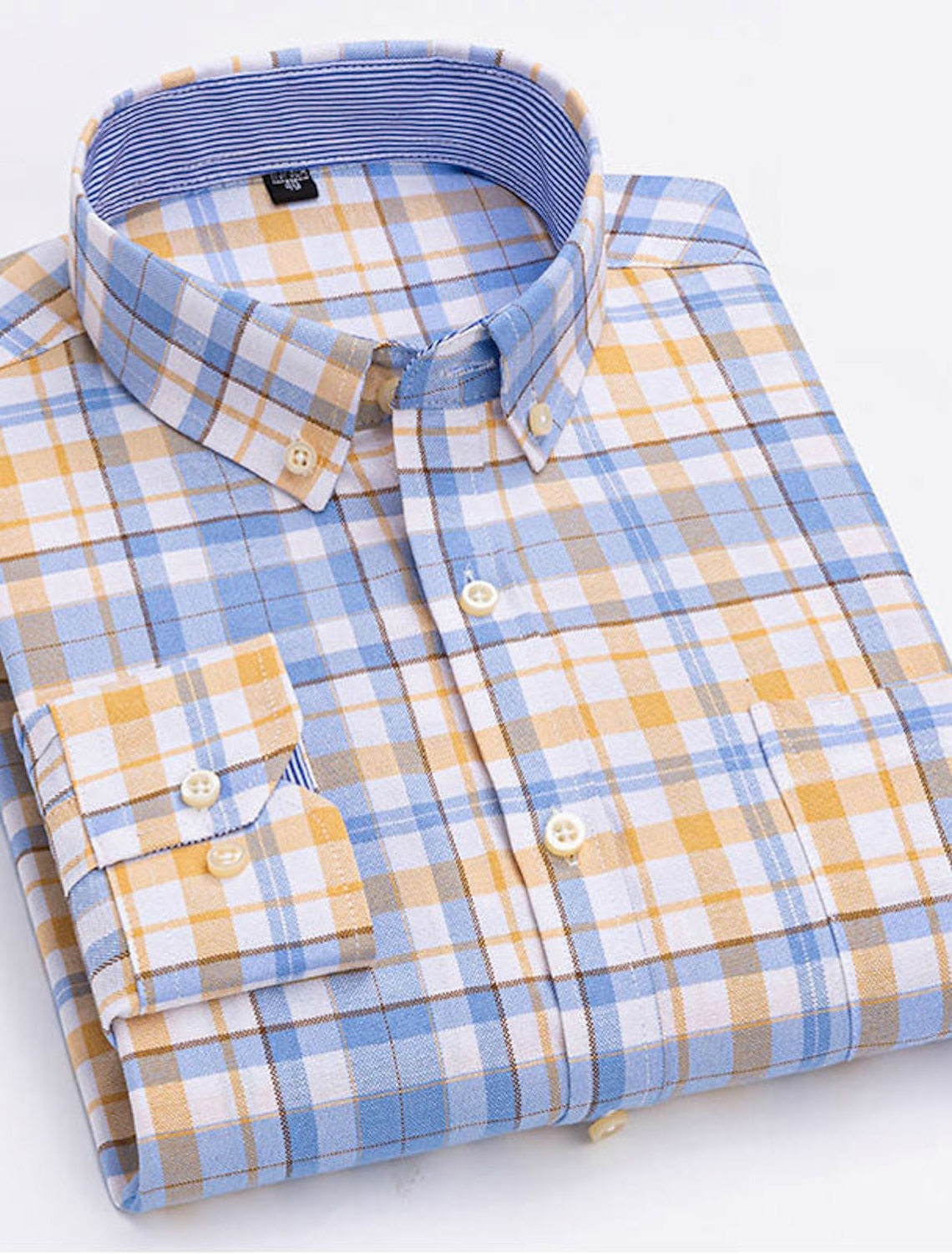 Men's Dress Shirt Button Down Shirt Oxford Shirt Non Iron Shirt Stripes and Plaid Vacation Wedding Light Yellow Denim Blue White Yellow Long Sleeve Turndown All Seasons Clothing Apparel Button-Down