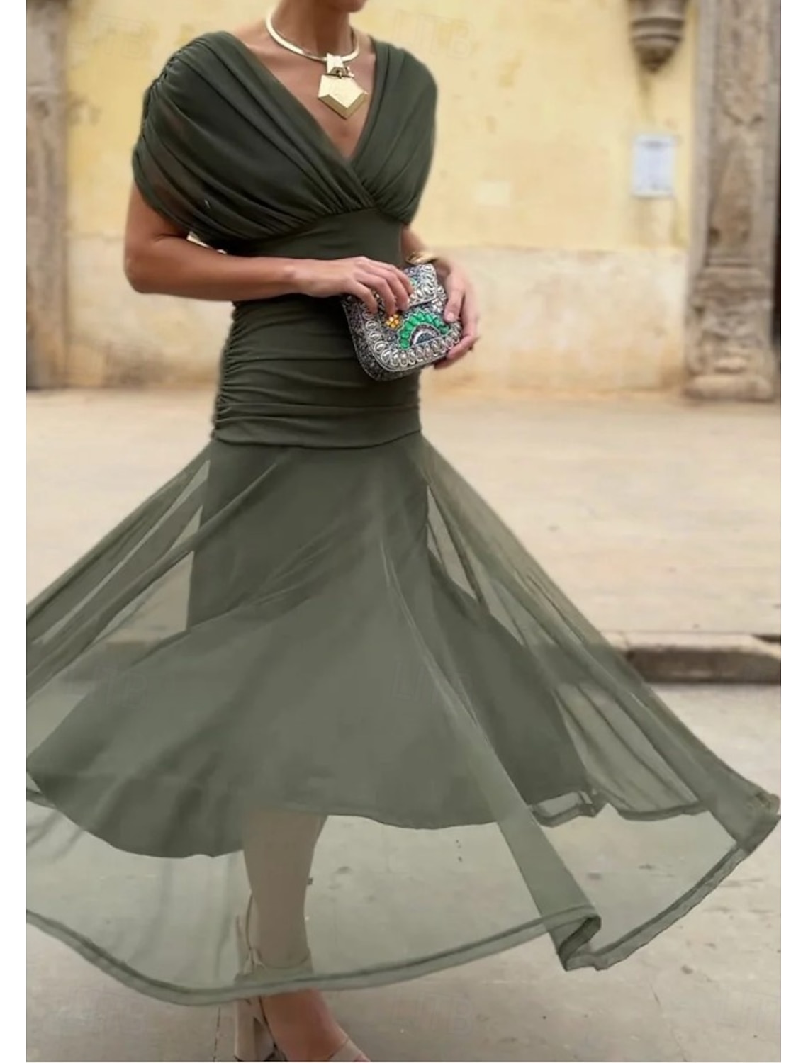 Women's Midi Dress Sheath Dress Vacation Birthday Beach Party Going out Regular Fit Solid Color Short Sleeve V Neck dark brown Deep Green Navy Red Summer Spring