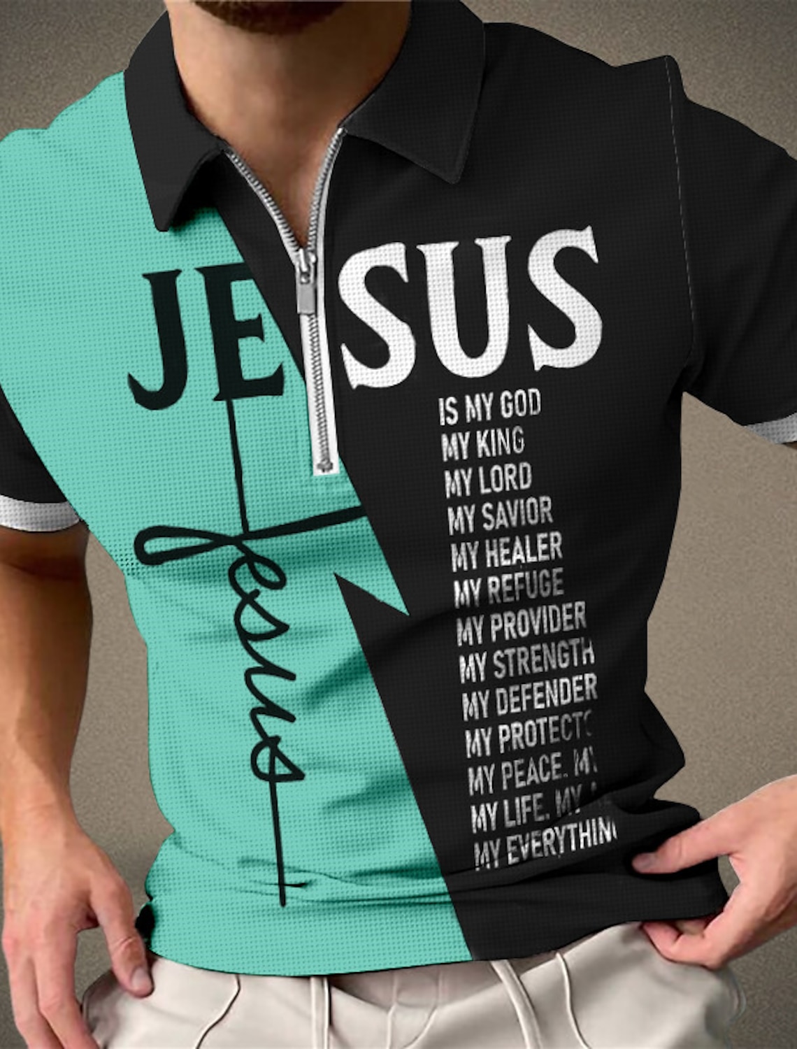 Men's Graphic Prints Waffle Polo Shirts Zip Short Sleeves Turndown