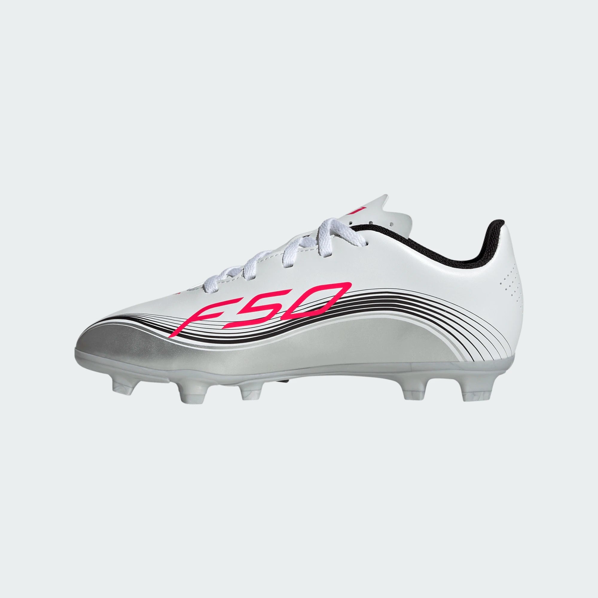 adidas Youth F50 Messi Club FG/MG Junior Soccer Cleats (White/Lucid Red/Silver Metallic)