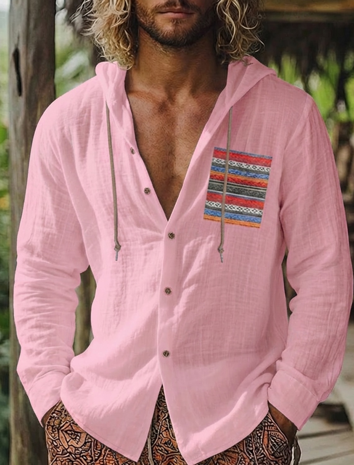 Men's Shirt Linen Shirt Summer Shirt Beach Shirt Button Up Shirt Hooded Shirt Boho Casual Vacation Pink Green Long Sleeve Hooded Summer Spring Clothing Apparel Patchwork