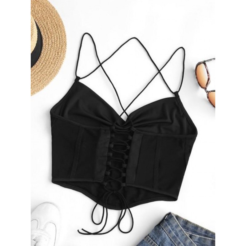 Mesh Panel Lace-up Draped Cami Bralette Top IE0088