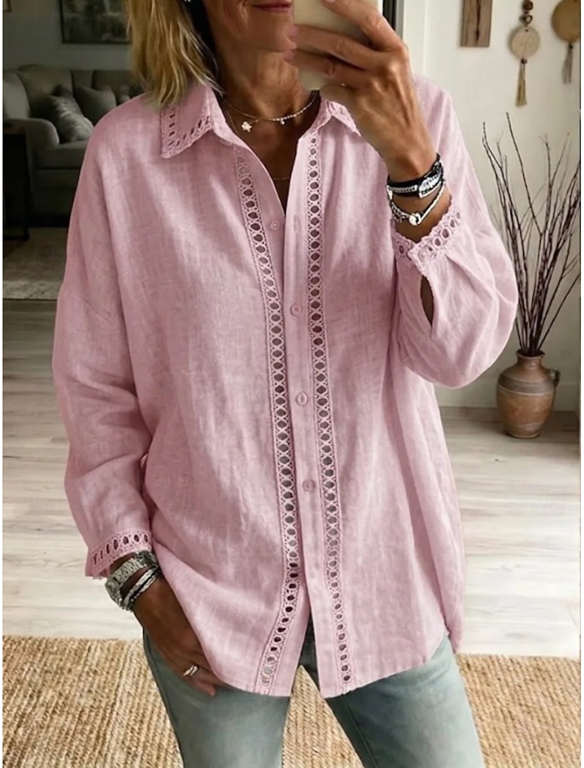 Women's Shirt Boho Shirt Lace Shirt Patchwork Elegant Bohemia Vacation Long Sleeve Long Tops Casual Blue White Pink Green Light Blue Summer Spring