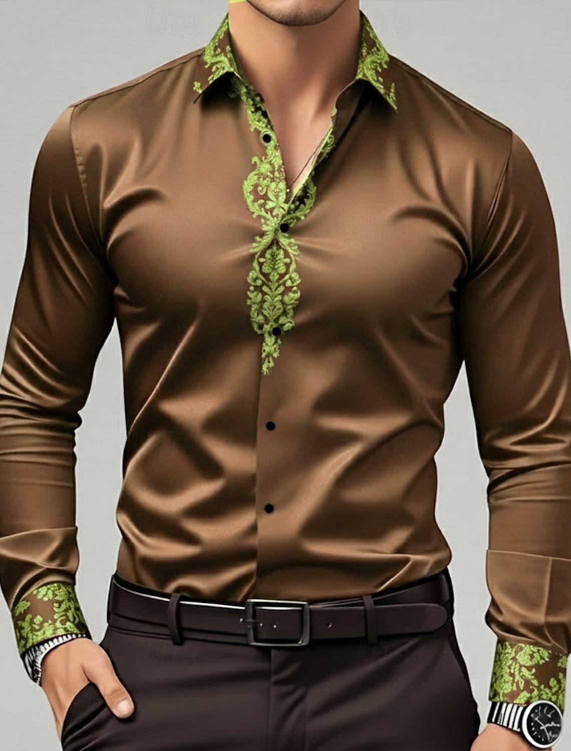 Men's Floral Print Ethnic Flowers Shirt Satin Dress Long Sleeve