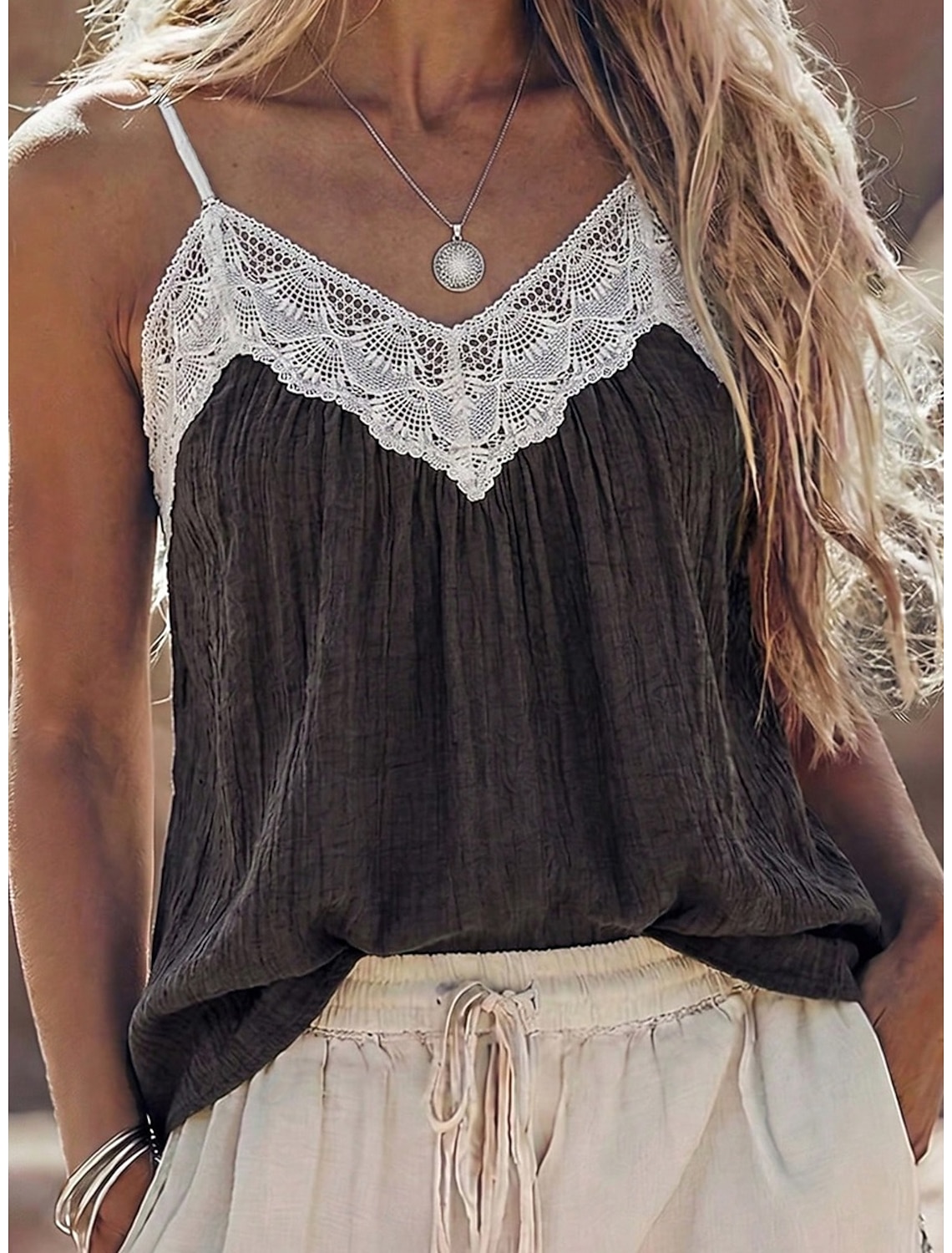 Women's Blouse Lace Tops Lace Plain Vintage Boho Sleeveless V Neck Crop Tops Casual Beach Summer Grey Summer Spring