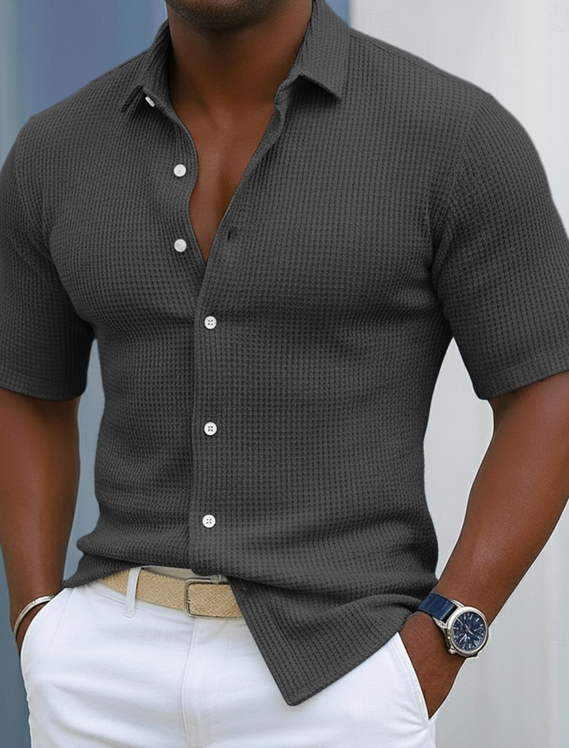 Men's Shirt Waffle Texture Casual Button Up Black White Wine Navy B #2