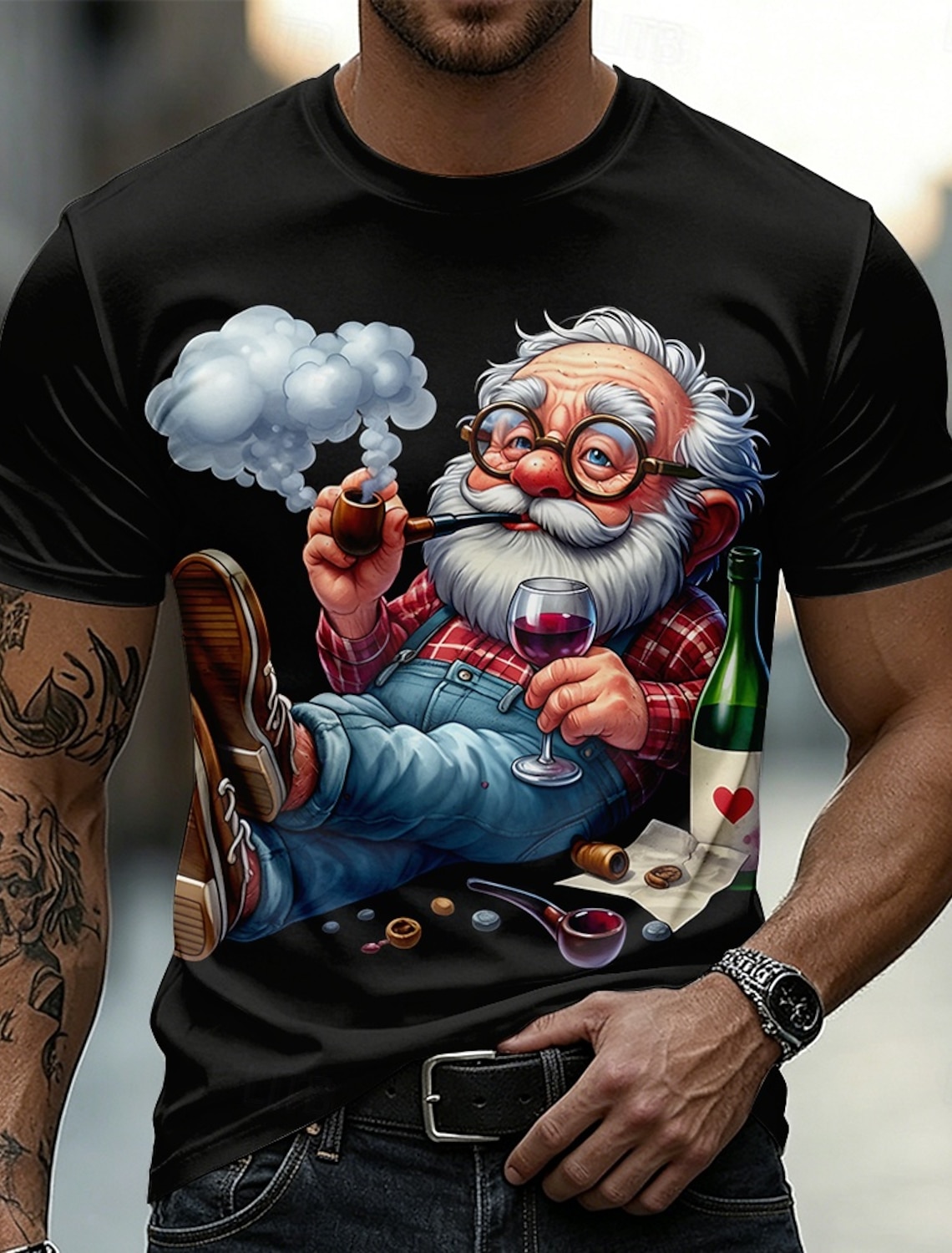 Funny 3D Graphic Cool Old Man with White Beard & Sunglasses Men's Teal T-Shirt - Quirky Grandpa Caricature Design Short Sleeve Crew Neck Summer Beach Holiday Tee - Unique Father's Day Gift Apparel