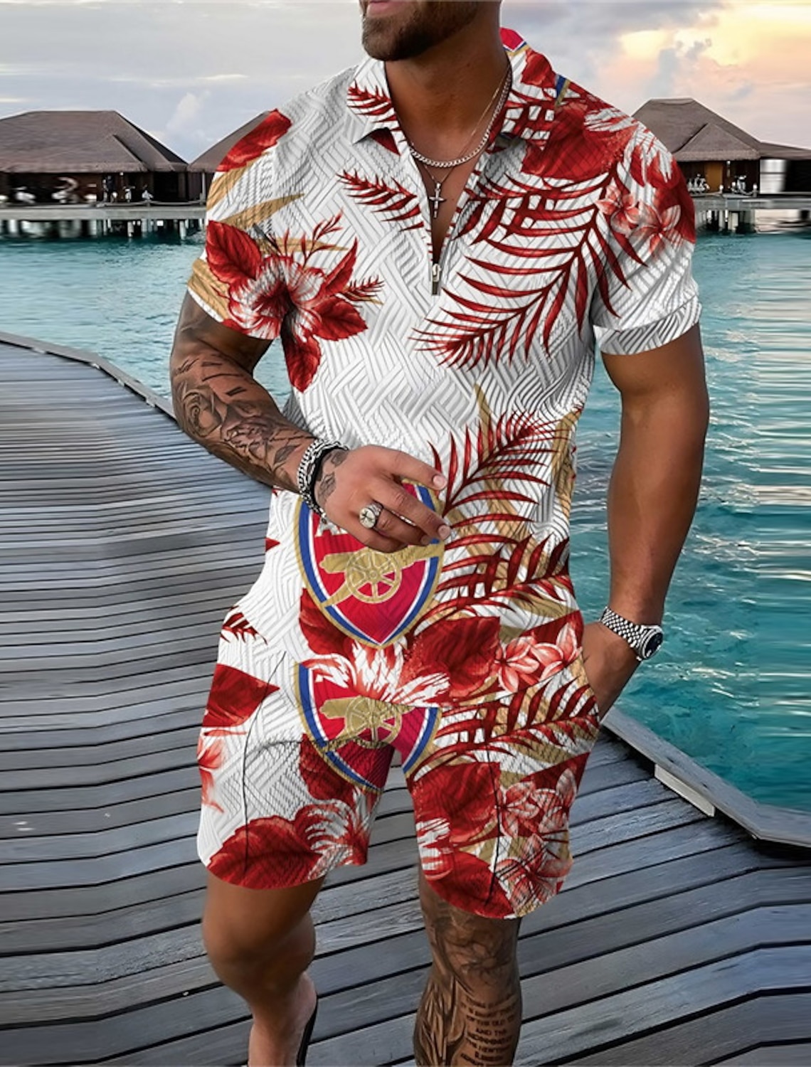 Men's Floral Graphic Skull Leaves Polo Shirts Hawaiian Golf Shirt Set