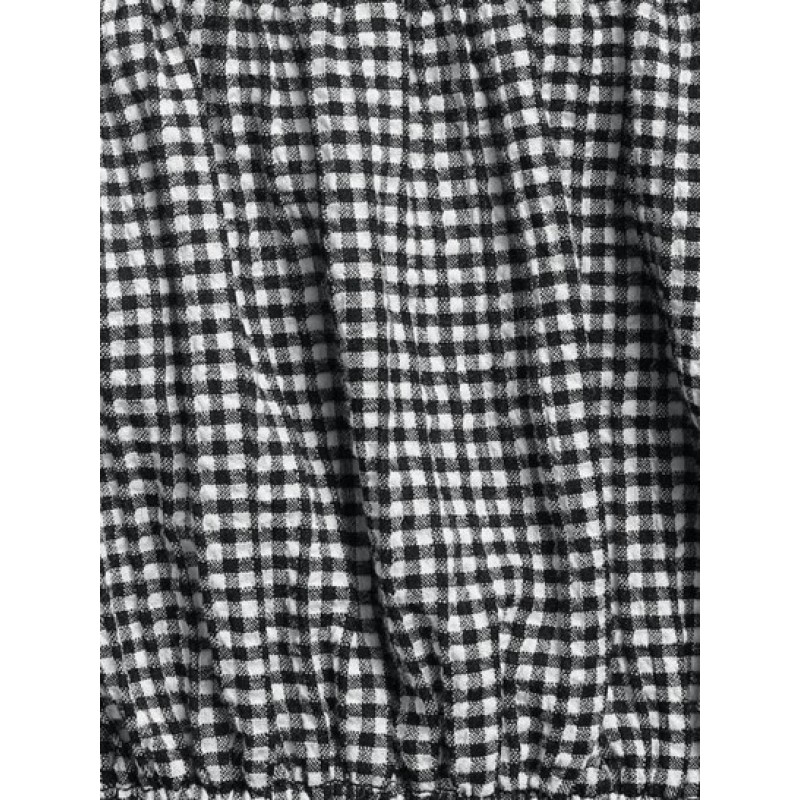 Gingham Puff Sleeve Crossover Blouse HB6489