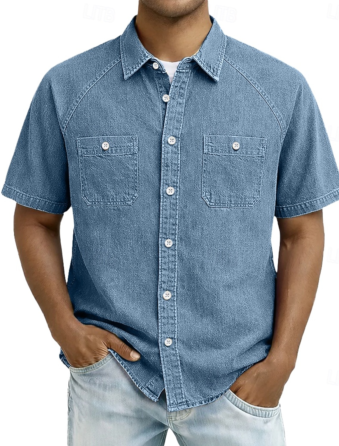 SoftFade™ Men's Shirt Casual Shirt Button Up Shirt Cotton Acid Wash Shirt Black Light Green Pink Purple khaki Short Sleeve Plain Grandad Collar Casual Daily Front Pocket Clothing