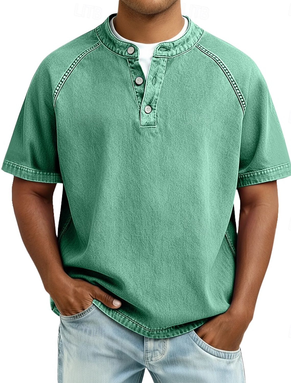 Men's T Shirt Henley 100% Cotton Acid Wash Tee Top Short Sleeve Plain