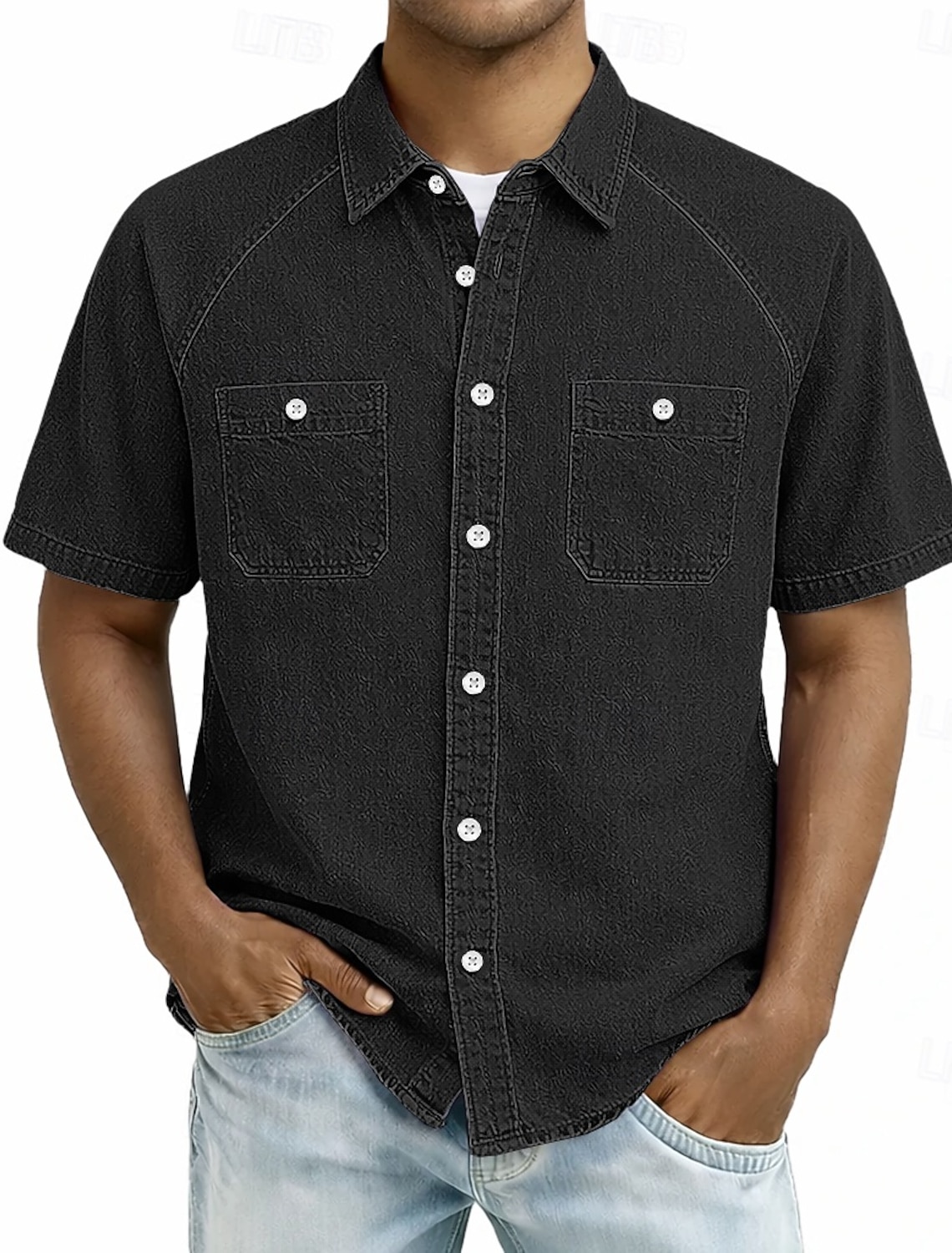 SoftFade™ Men's Shirt Casual Shirt Button Up Shirt Cotton Acid Wash Shirt Black Light Green Pink Purple khaki Short Sleeve Plain Grandad Collar Casual Daily Front Pocket Clothing
