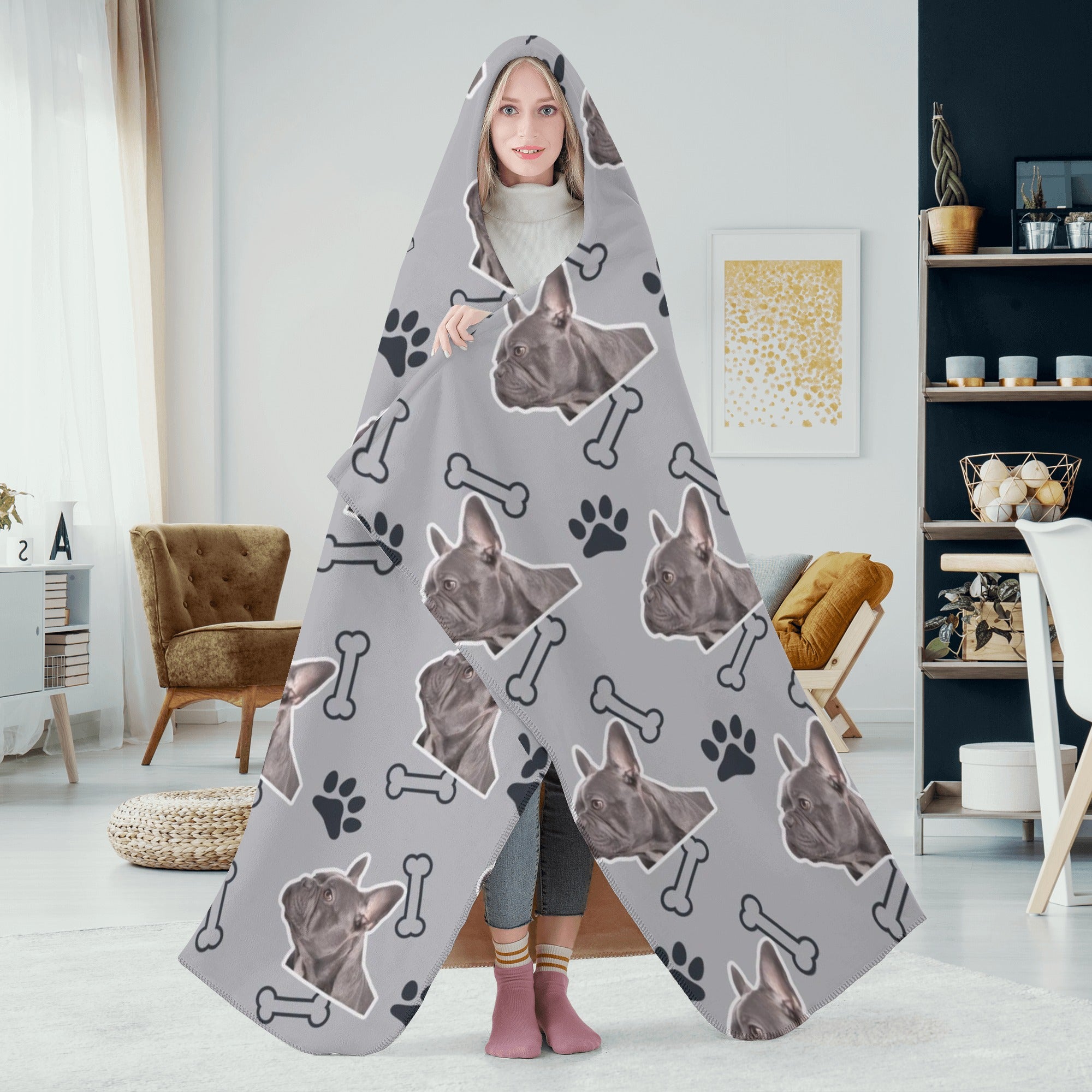 Comfortable Custom Hooded Blanket With Frenchie's Image - Hooded Blan...
