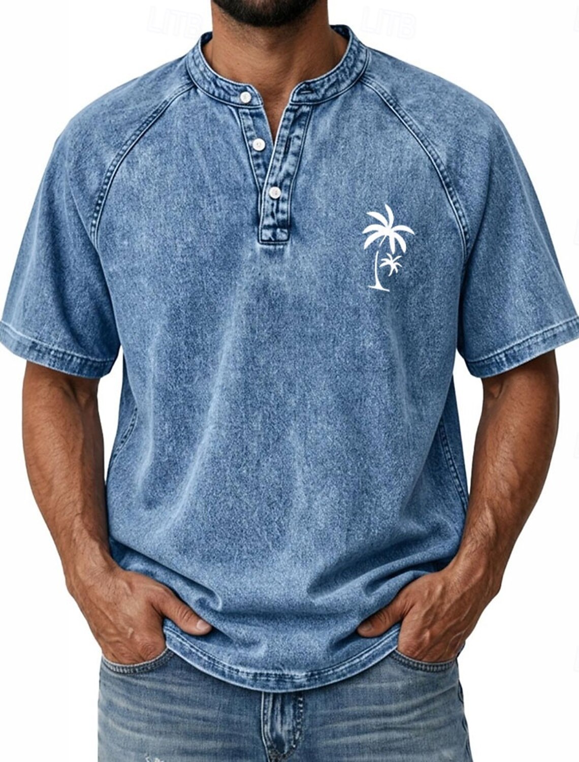 SoftFade™ Men's Coconut Tree T Shirt Demin Shirt 100% Cotton Acid Wash Shirt Short Sleeve Vintage Streetwear Casual Home Street Summer Spring Black Light Green Light Blue Stand