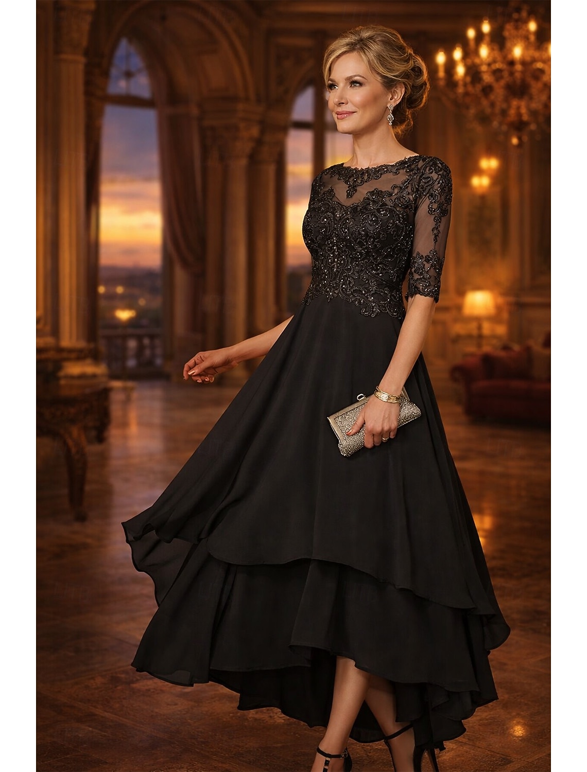 A-Line Asymmetrical Party Dress Cocktail Dress Wedding Guest Dress Mother of the Bride Dress Half Sleeve Boat Neck Elegant Simple Formal Wedding Guest with Solid Color