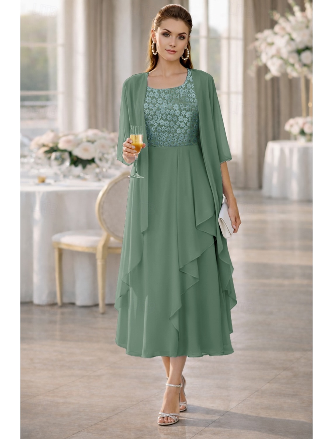 Two Piece A-Line Knee Length Wedding Guest Dress Mother of the Bride Dress Sleeveless Scoop Neck Elegant Wedding Guest Wedding Party Chiffon Lace Jacket Dresses with Pleats Appliques