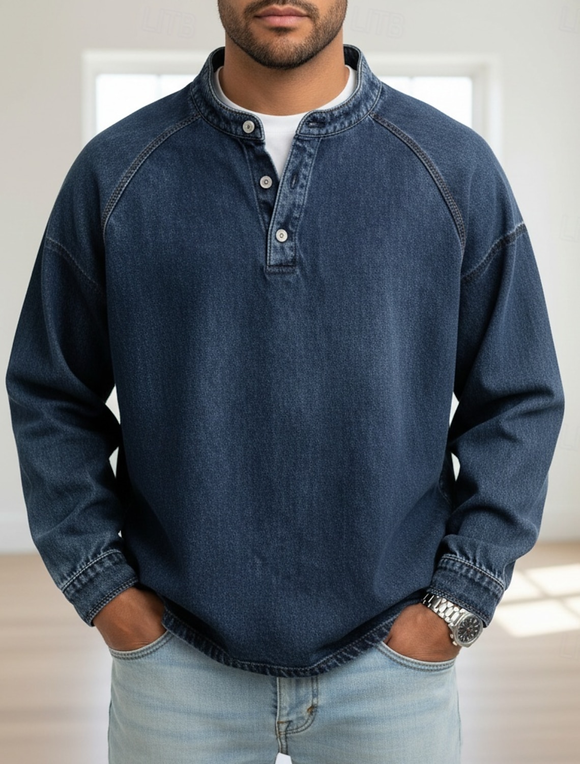 Men's T Shirt Henley Denim 100% Cotton Acid Wash Tee Top Long Sleeve