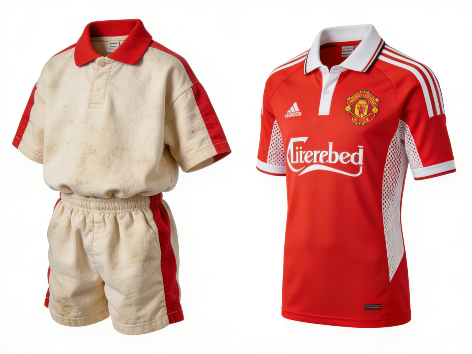 Comparison collage showing a vintage bulky kids' kit vs a modern slim-fit, breathable design