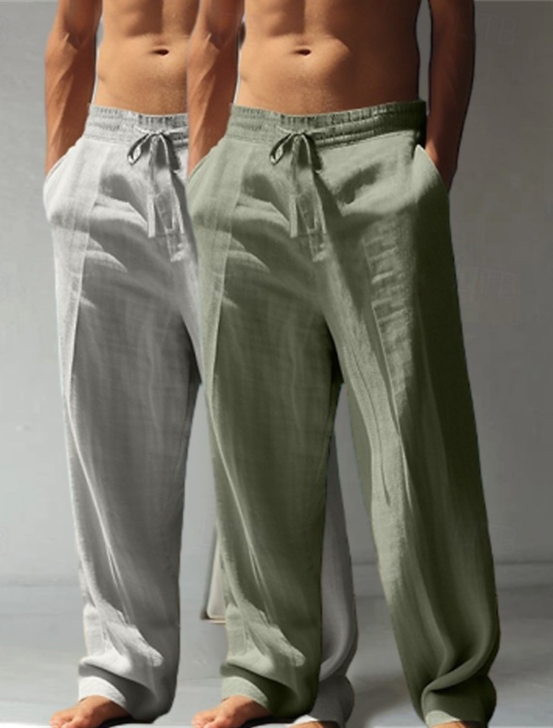 Men's Linen Pants Trousers Summer Baggy Beach Drawstring Elastic Waist