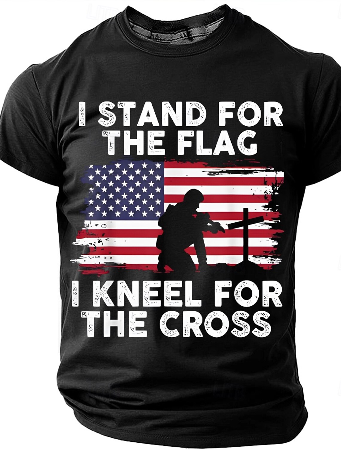 Memorial Day I Stand For The Flag I Kneel For The Cross Men's Bible American Flag Kneeling Soldier Christian Cross Patriotic Graphic T Shirt Vintage Casual Tee Designer Clothing Apparel