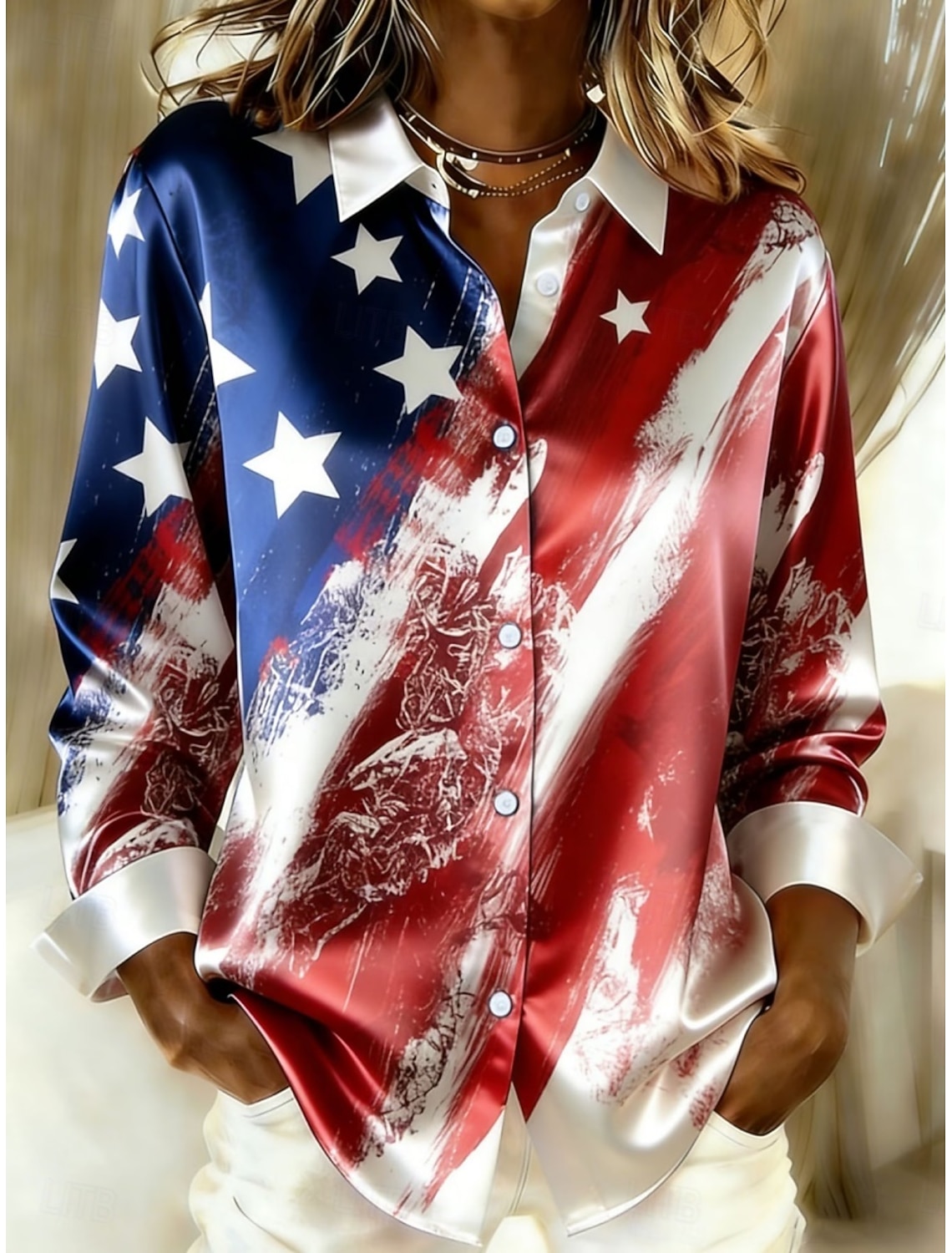 American Independence Day Women's Shirt Satin Shirt Button Down Shirt Casual Shirt Print Graphic Flag Classic Casual Long Sleeve Shirt Collar Regular Tops Daily Holiday Going out Blue Sky gray Yellow