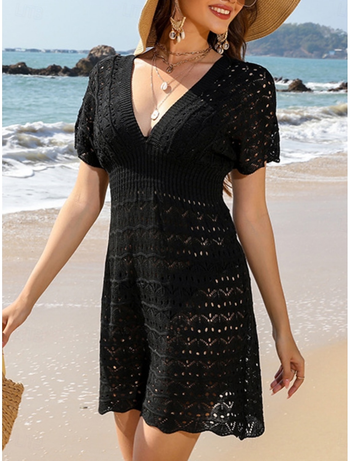 Women's Cover Up Swimsuit Dress Cut Out Vacation Beach Wear Solid Color V Neck Short Sleeves Bathing Suits