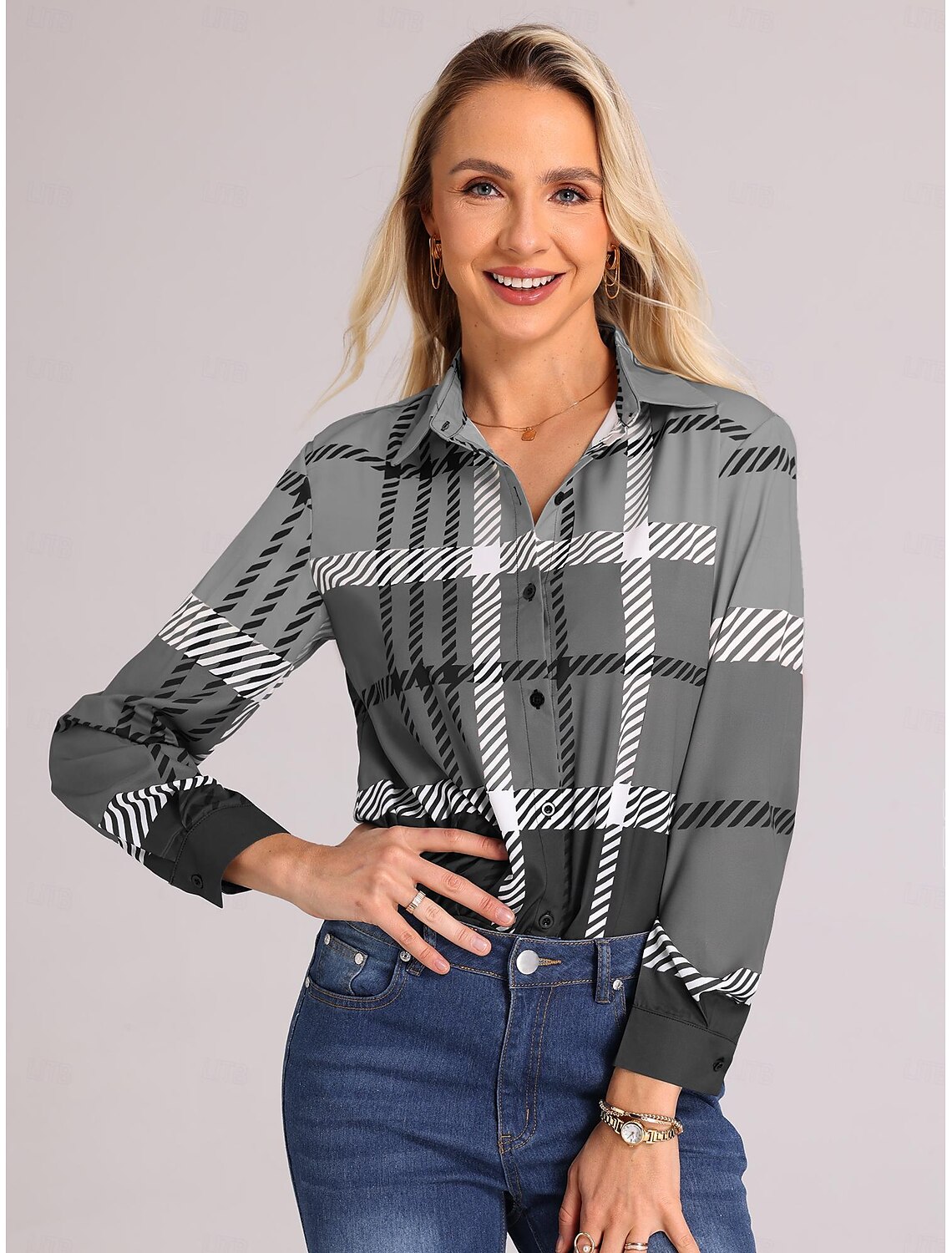 Women's Shirt Blouse Fashion Plaid Buttons Print Long Sleeve Regular Tops Shirt Collar Casual Spring & Fall
