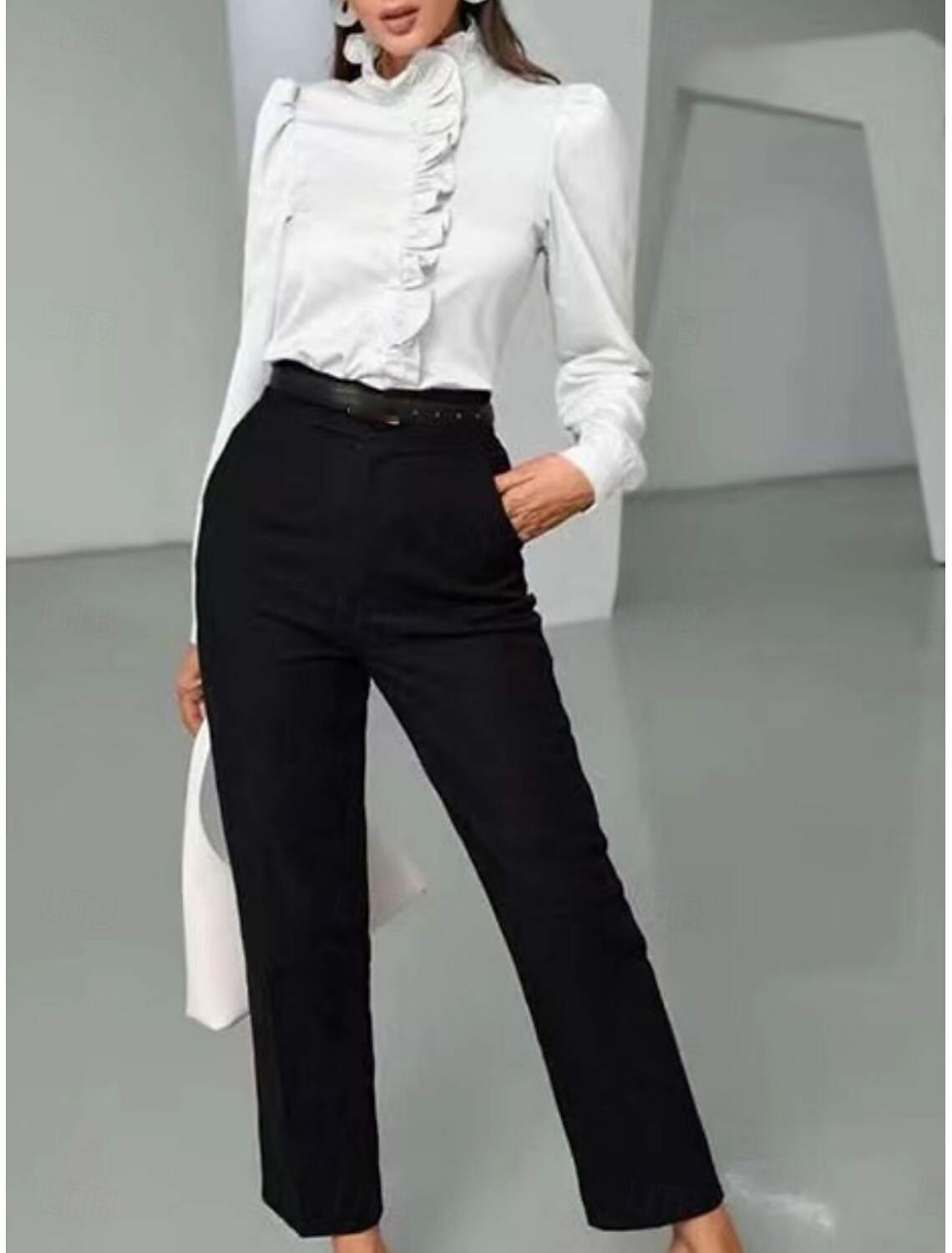 Women's Shirt Blouse Business Modern Casual Solid Color Regular Tops Long Sleeve Turtleneck Ruffle Buttons Regular Fit Work Formal Wear Summer Spring