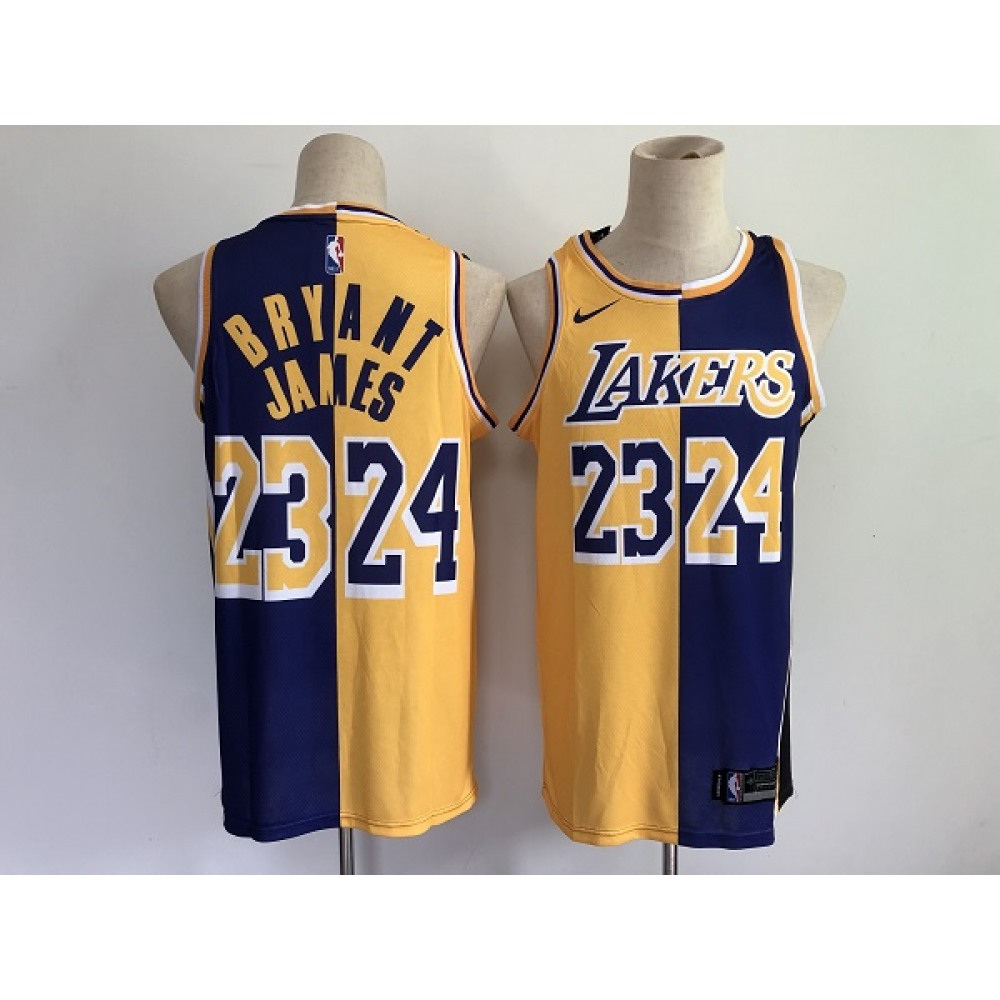 Men's Los Angeles Lakers #23 LeBron James #24 Kobe Brant Purple Gold Split Special Stitched NBA Jersey
