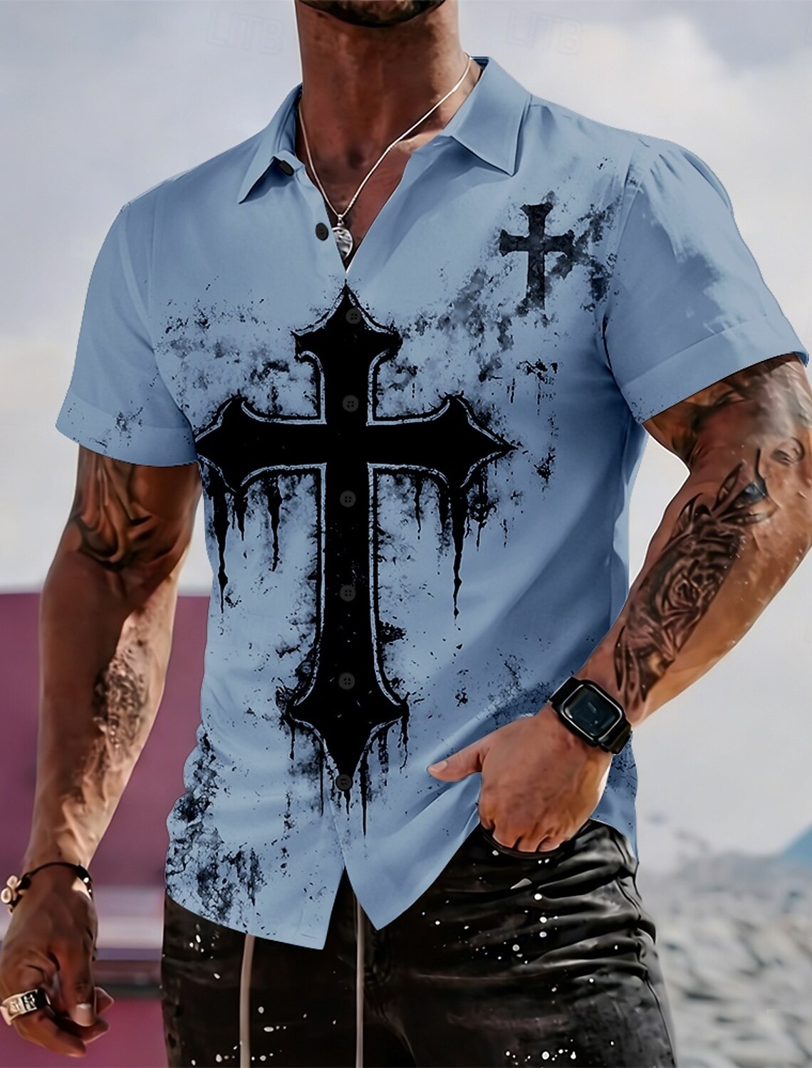 Men's Cross Religion Shirt Casual Shirt Button Up Shirt Long Sleeve Vintage Retro Streetwear Vacation Summer Spring Turndown 3D Print Collared Shirts Blue White Purple Khaki