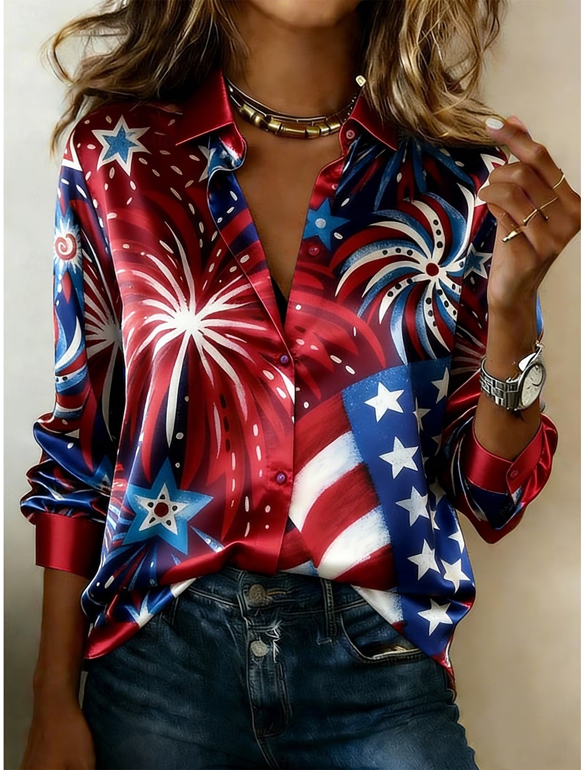 American Independence Day Women's Shirt Satin Shirt Button Down Shirt Casual Shirt Print Graphic Flag Classic Casual Long Sleeve Shirt Collar Regular Tops Daily Holiday Going out Blue Sky gray Yellow