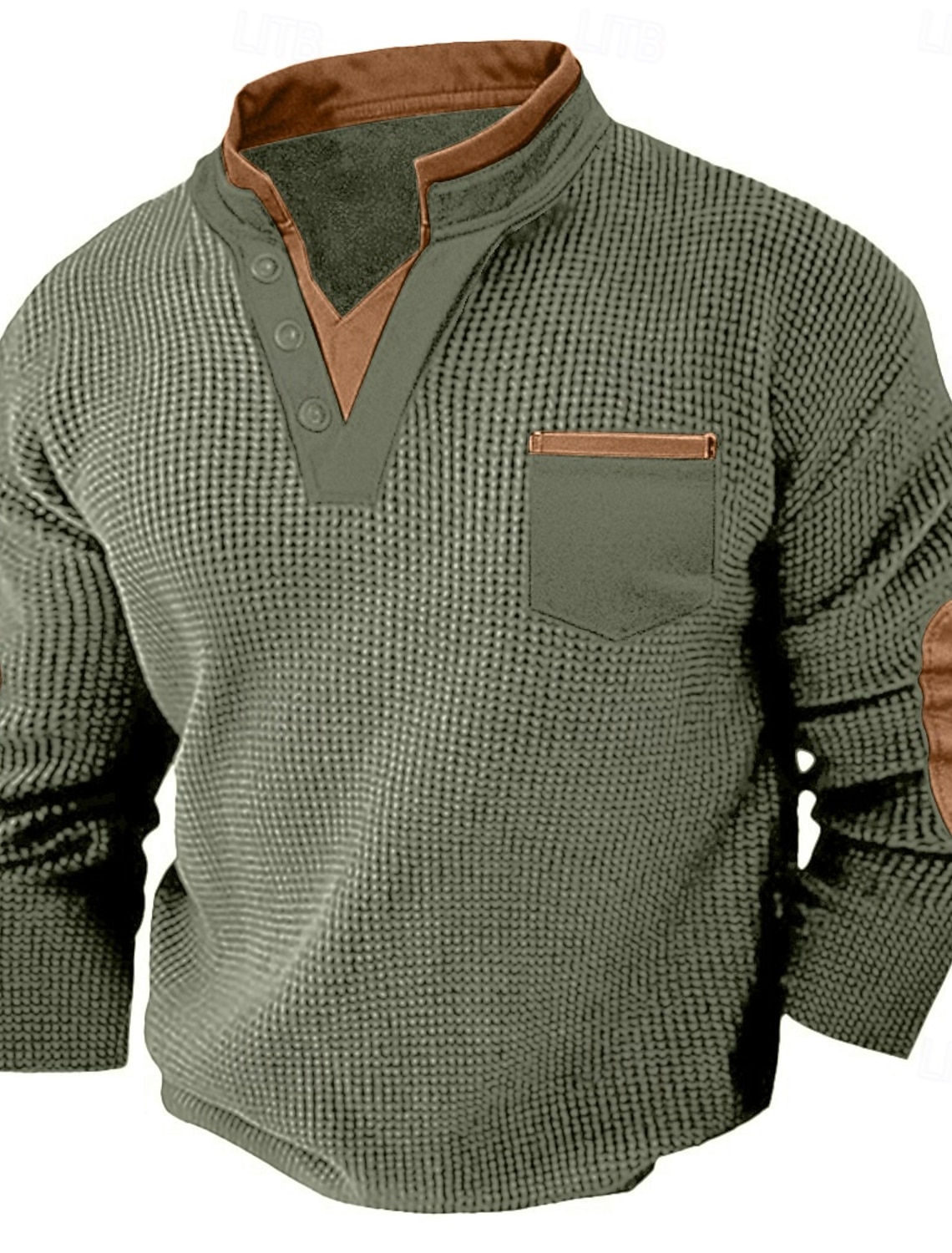 Men's Waffle Tee Henley Shirt Long Sleeve V Neck Spring & Fall Solid