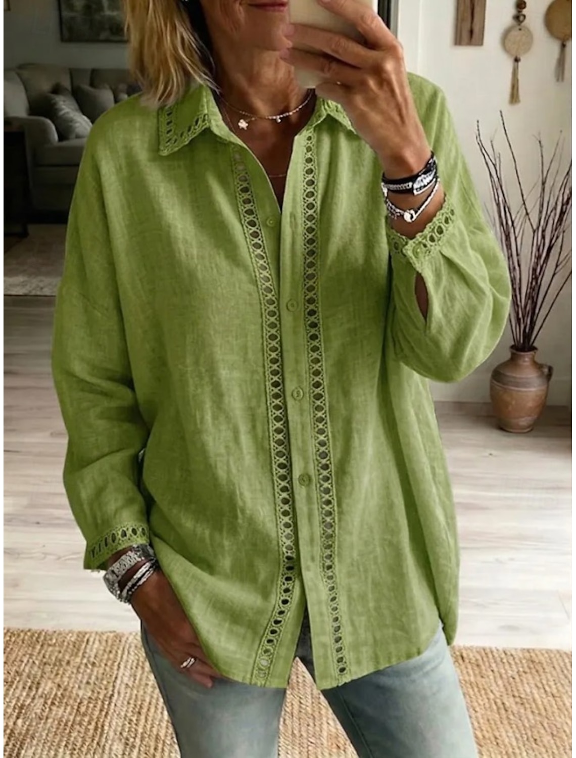 Women's Shirt Boho Shirt Lace Shirt Patchwork Elegant Bohemia Vacation Long Sleeve Long Tops Casual Blue White Pink Green Light Blue Summer Spring