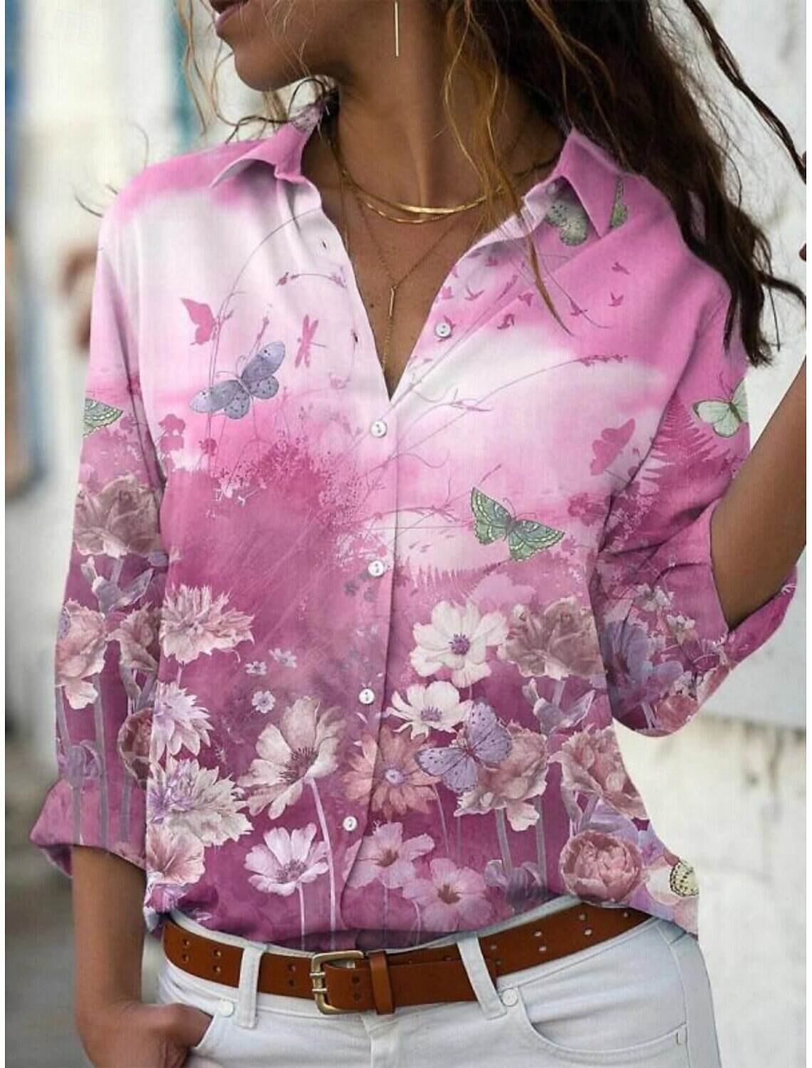 Women's Shirt Blouse Stylish Casual Floral Regular Tops Long Sleeve Shirt Collar Buttons Print Regular Fit Daily Summer Spring
