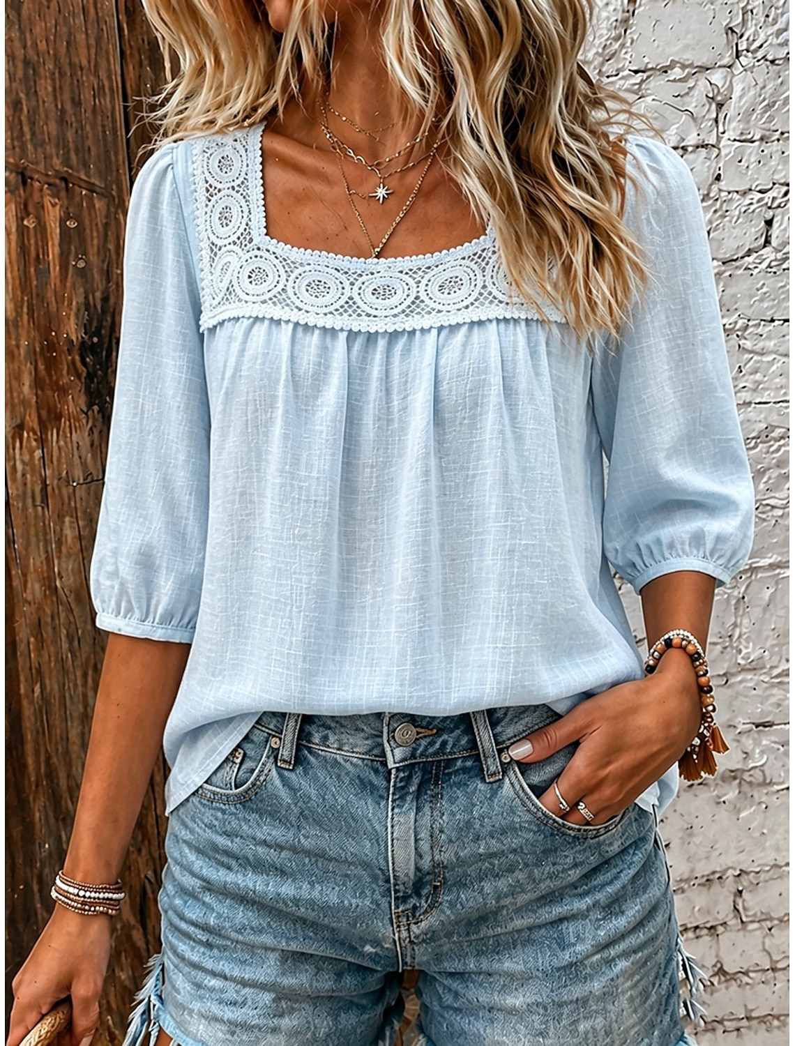 Women's Linen-feel Shirts Blouse Lace Trim Solid Color Daily Stylish Basic 3/4 Length Sleeve Square Neck Regular Tops Casual Daily Blue White Pink Navy Blue Green Summer Spring Fall