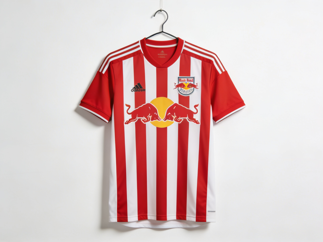 Clean, classic New York Red Bulls home jersey with iconic red and white vertical stripes, hanging against a neutral background.