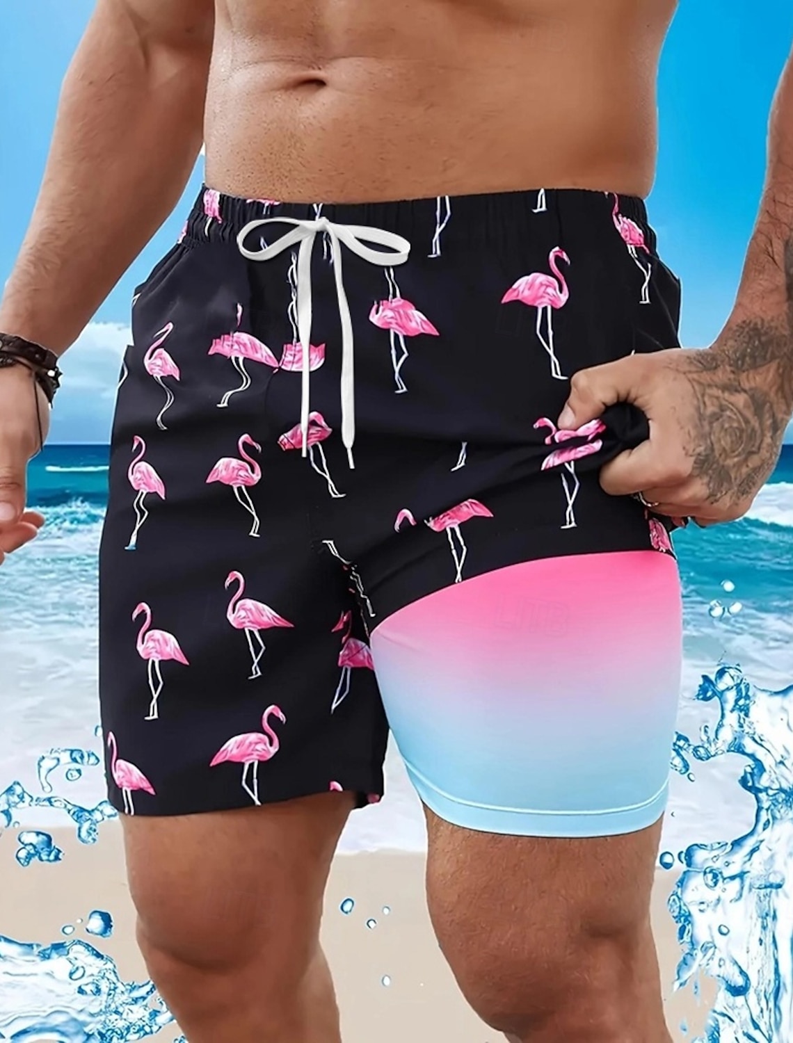 Men's Flamingo Bird Lined Shorts Swim Board Mid Waist Hawaiian