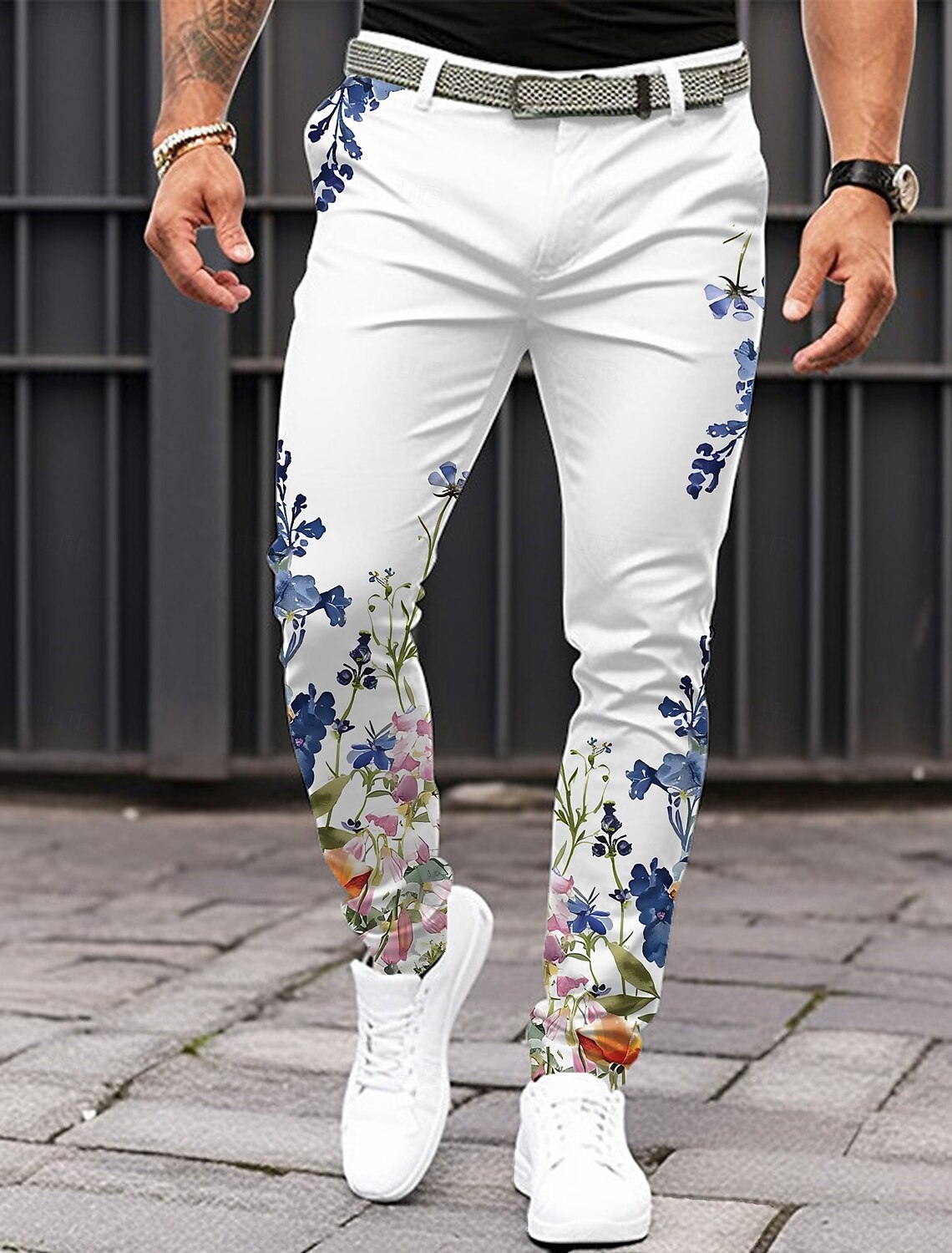 Men's Floral Dress Pants Mid Waist Vintage Casual Formal Dailywear Pocket Summer Spring Fall White