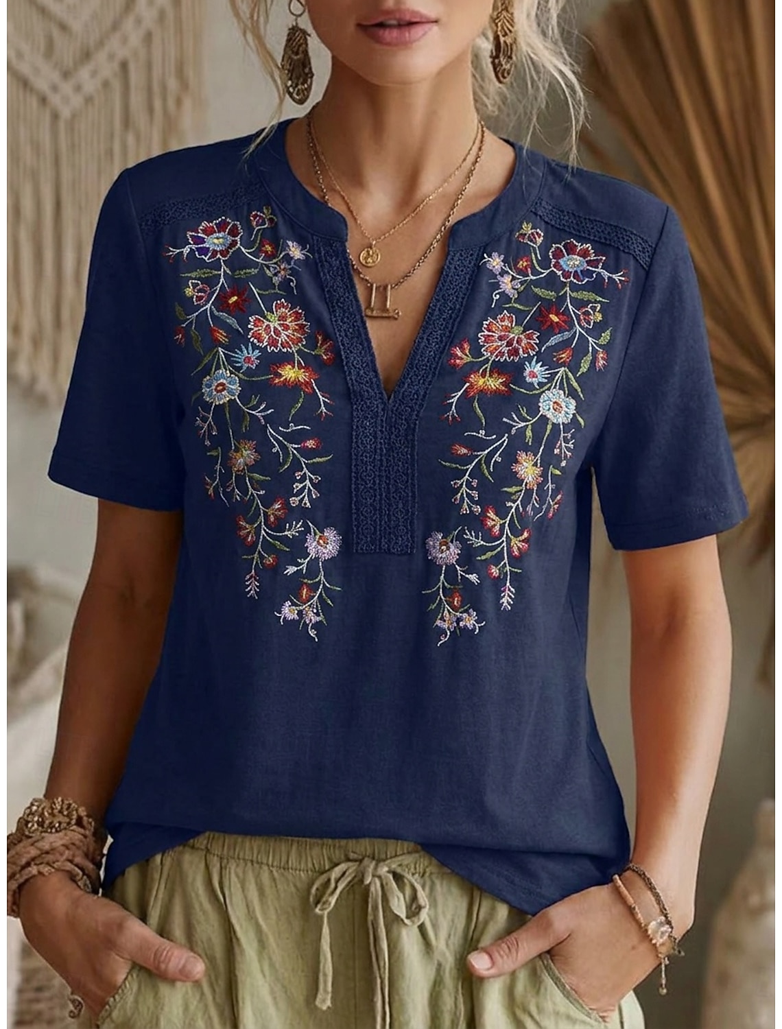 Women's Blouse Lace Tops Embroidery Shirts Lace Embroidered Floral Vintage Boho Short Sleeve V Neck Regular Tops Casual Holiday Summer Black Army Green Navy Blue Purple Brown Summer Spring
