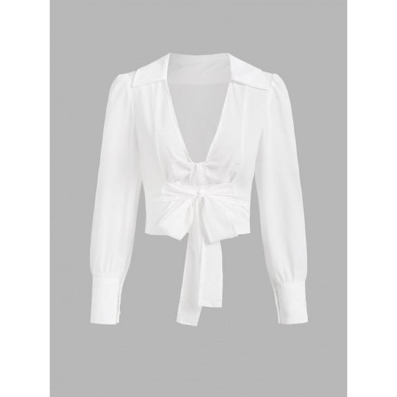 Plunge Front Bowknot Smocked Back Crop Shirt NH5201