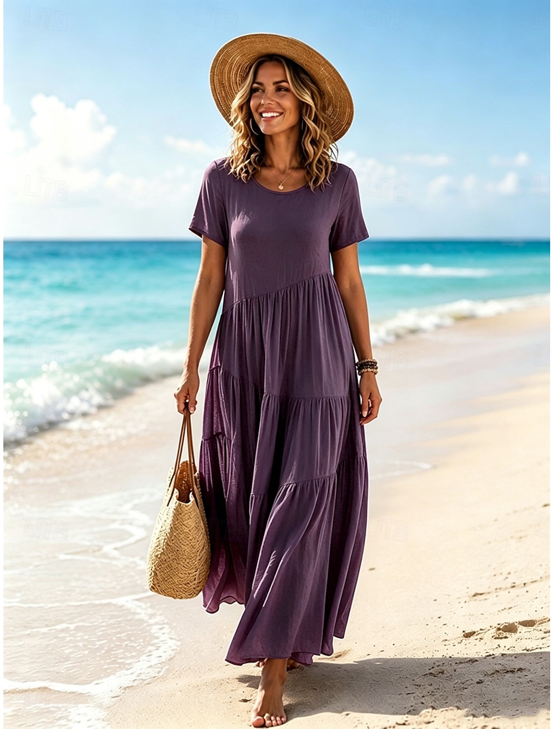 Women's Vintage Crew Neck Ruffle Pleated Asymmetric Maxi Dress Khaki Black White Pink Summer