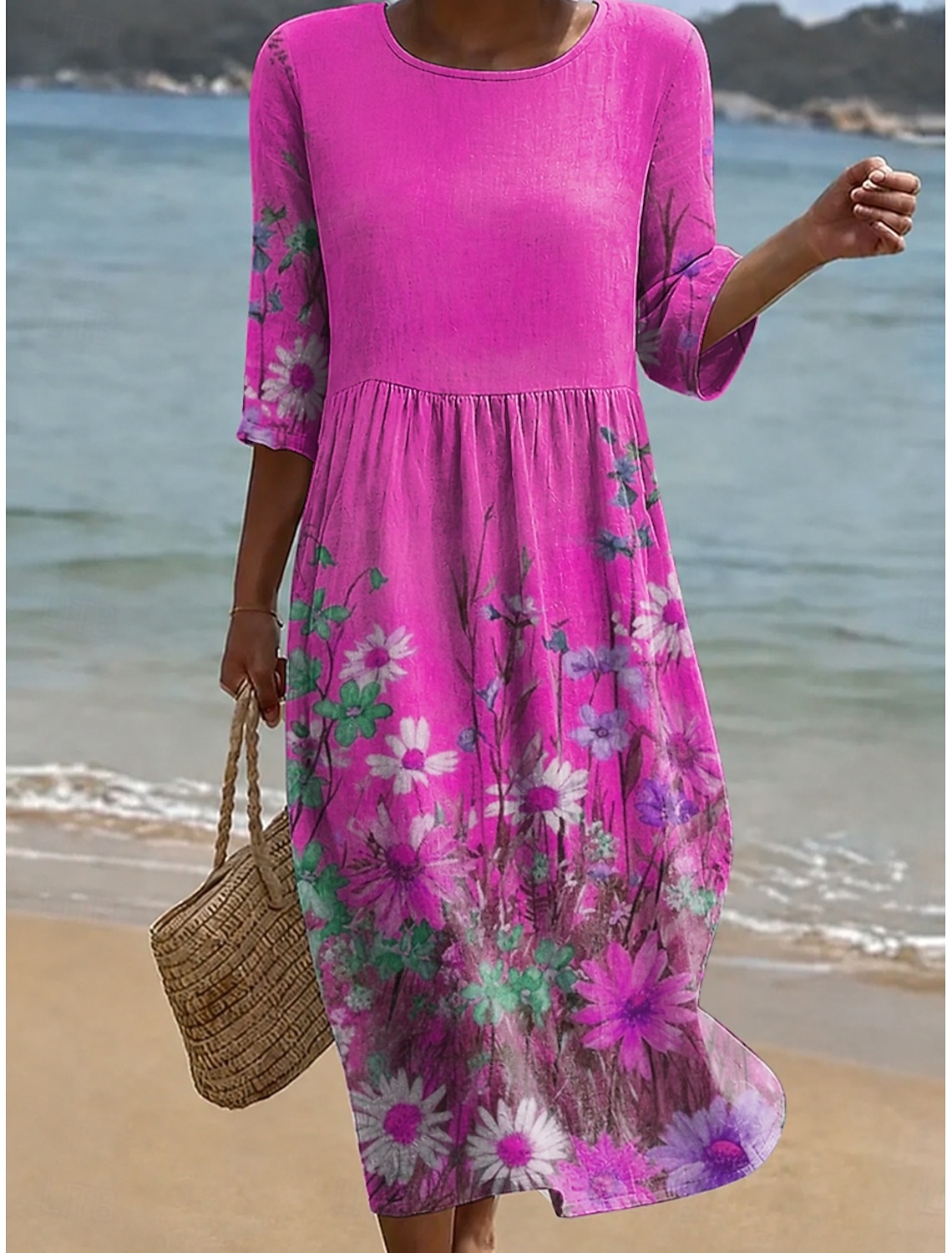 Women's Midi Dress Sundress Vacation Casual Boho Beach Holiday Loose Fit Floral Graphic 3/4 Length Sleeve Crew Neck Blue Yellow Purple Summer Spring