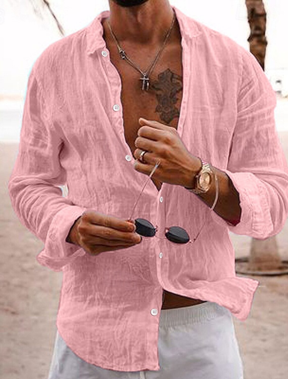 Men's Linen Shirt Casual Beach Button Up Untucked Shirts Plain