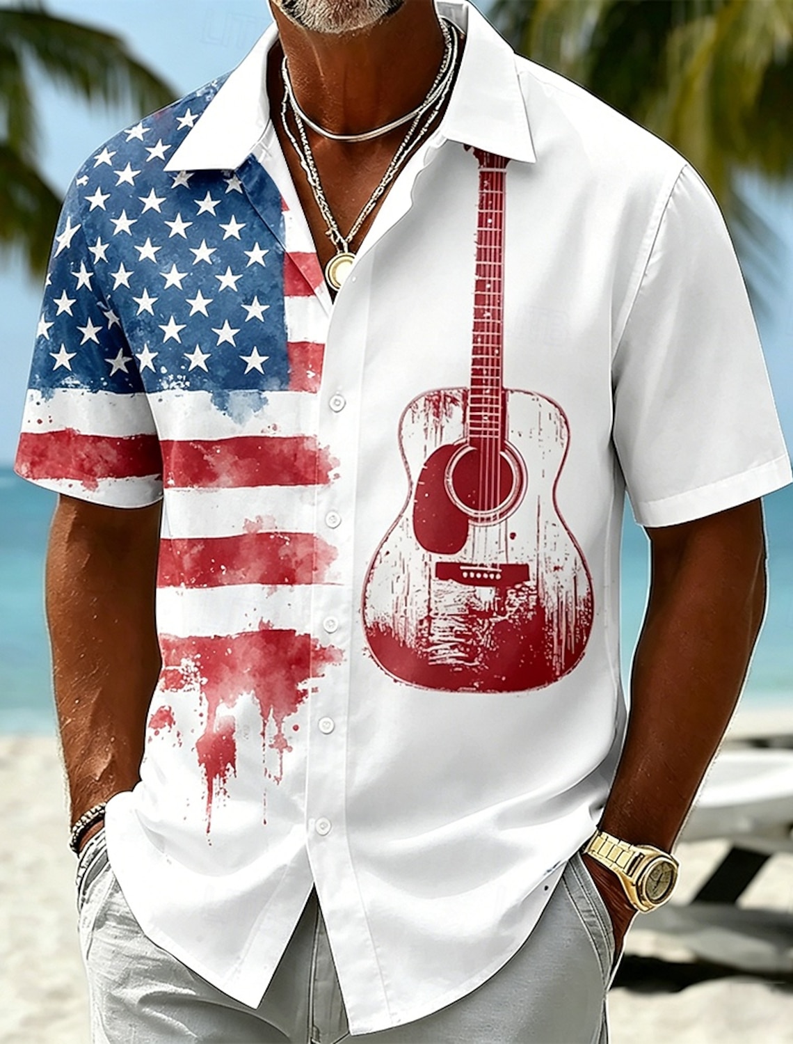 Men's 4th of July U.S. 250th Anniversary Guitar American Flag Shirt Summer Shirt Tropical Shirts Short Sleeve Patriotic Vacation Holiday Summer Spring Turndown 3D Print Button Up Shirts Blue Dark